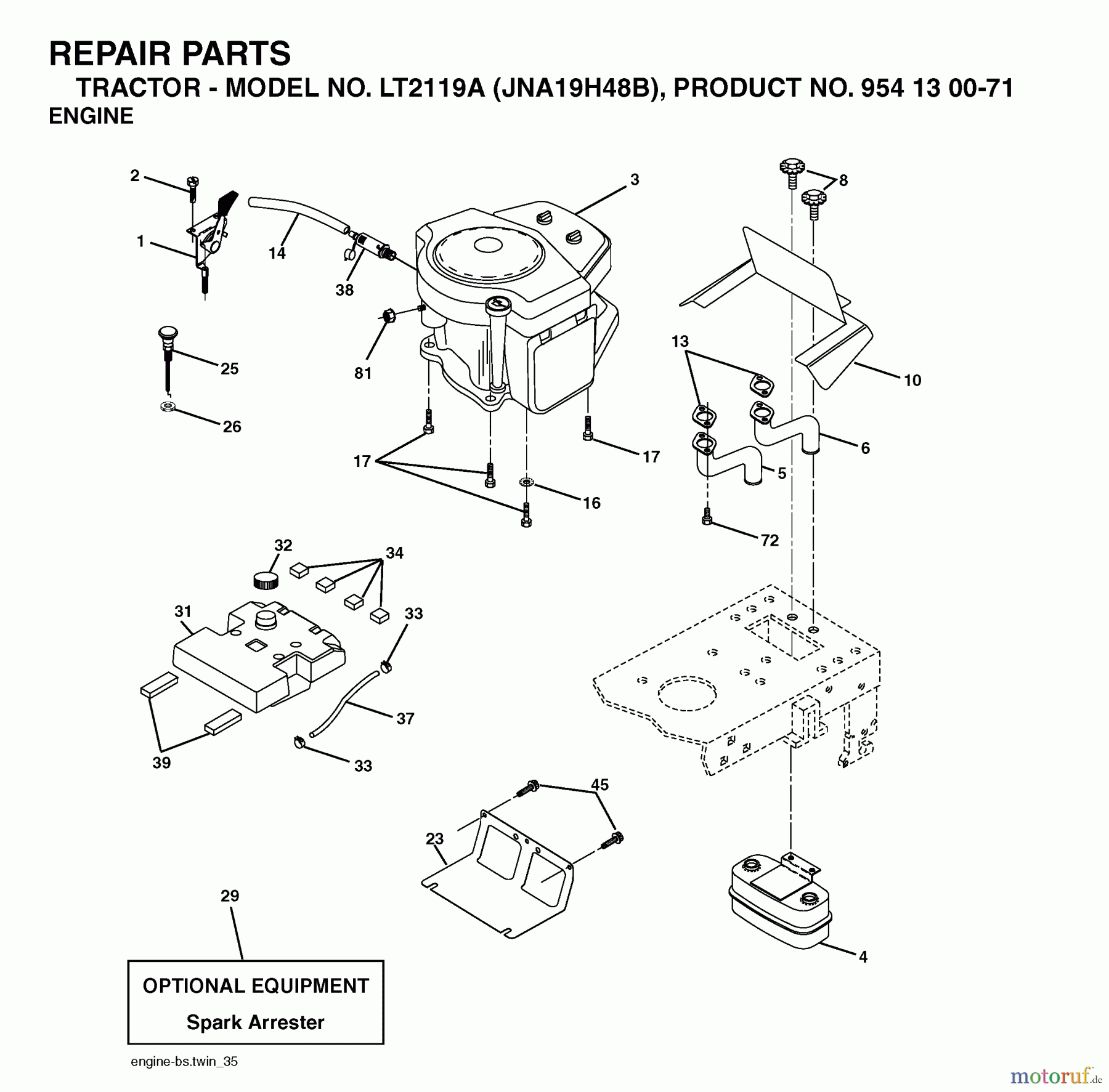Jonsered Rasen und Garten Traktoren LT2119 A (JNA19H48B, 954130071) - Jonsered Lawn & Garden Tractor (2003-05) ENGINE