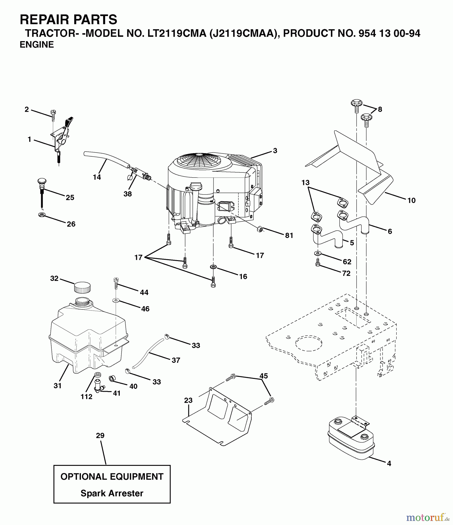 Jonsered Rasen und Garten Traktoren LT2119 CMA (J2119CMAA, 954130094) - Jonsered Lawn & Garden Tractor (2003-01) ENGINE