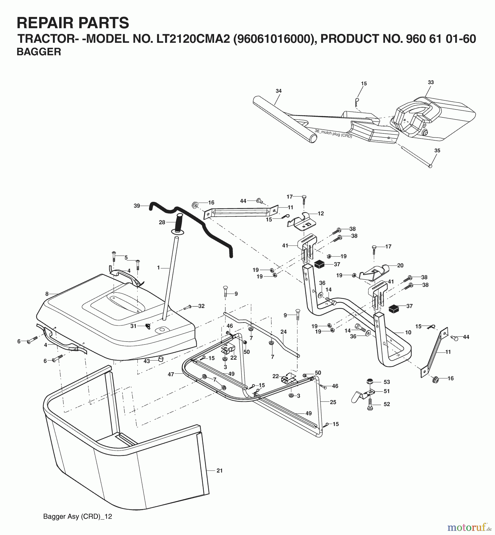  Jonsered Rasen  und Garten Traktoren LT2120 CMA2 (96061016000) - Jonsered Lawn & Garden Tractor (2006-03) BAGGER