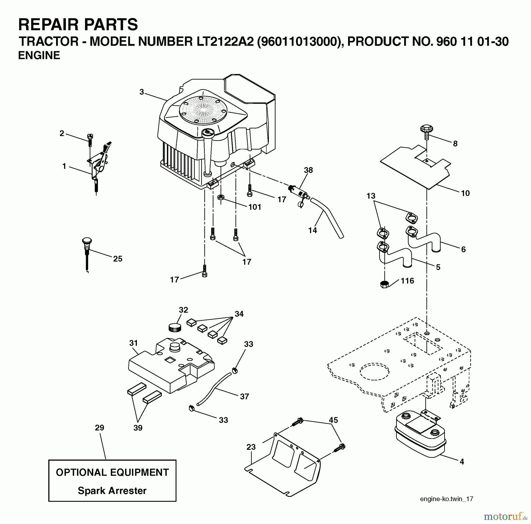 Jonsered Rasen  und Garten Traktoren LT2122 A2 (96011013000) - Jonsered Lawn & Garden Tractor (2006-06) ENGINE