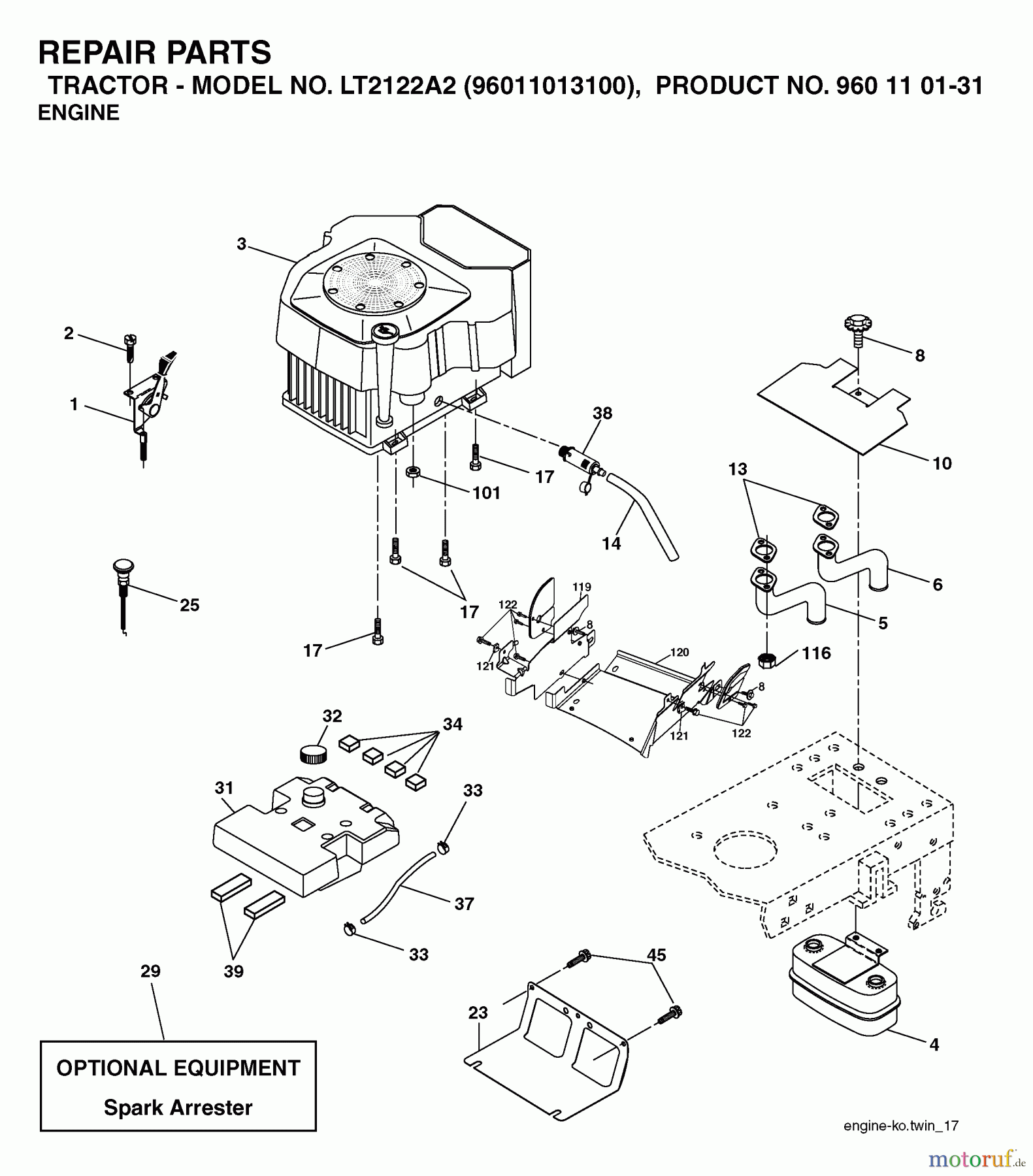 Jonsered Rasen und Garten Traktoren LT2122 A2 (96011013100) - Jonsered Lawn & Garden Tractor (2006-04) ENGINE CUTTING EQUIPMENT