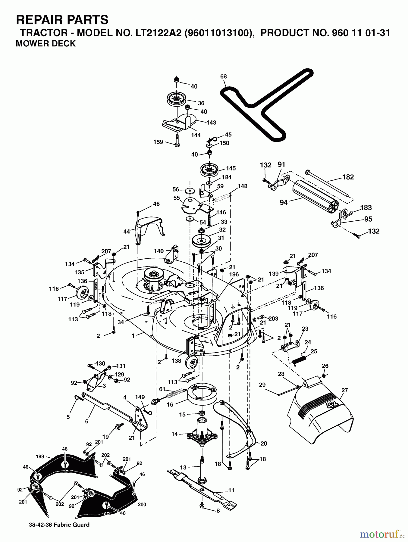 Jonsered Rasen und Garten Traktoren LT2122 A2 (96011013100) - Jonsered Lawn & Garden Tractor (2006-04) MOWER DECK / CUTTING DECK