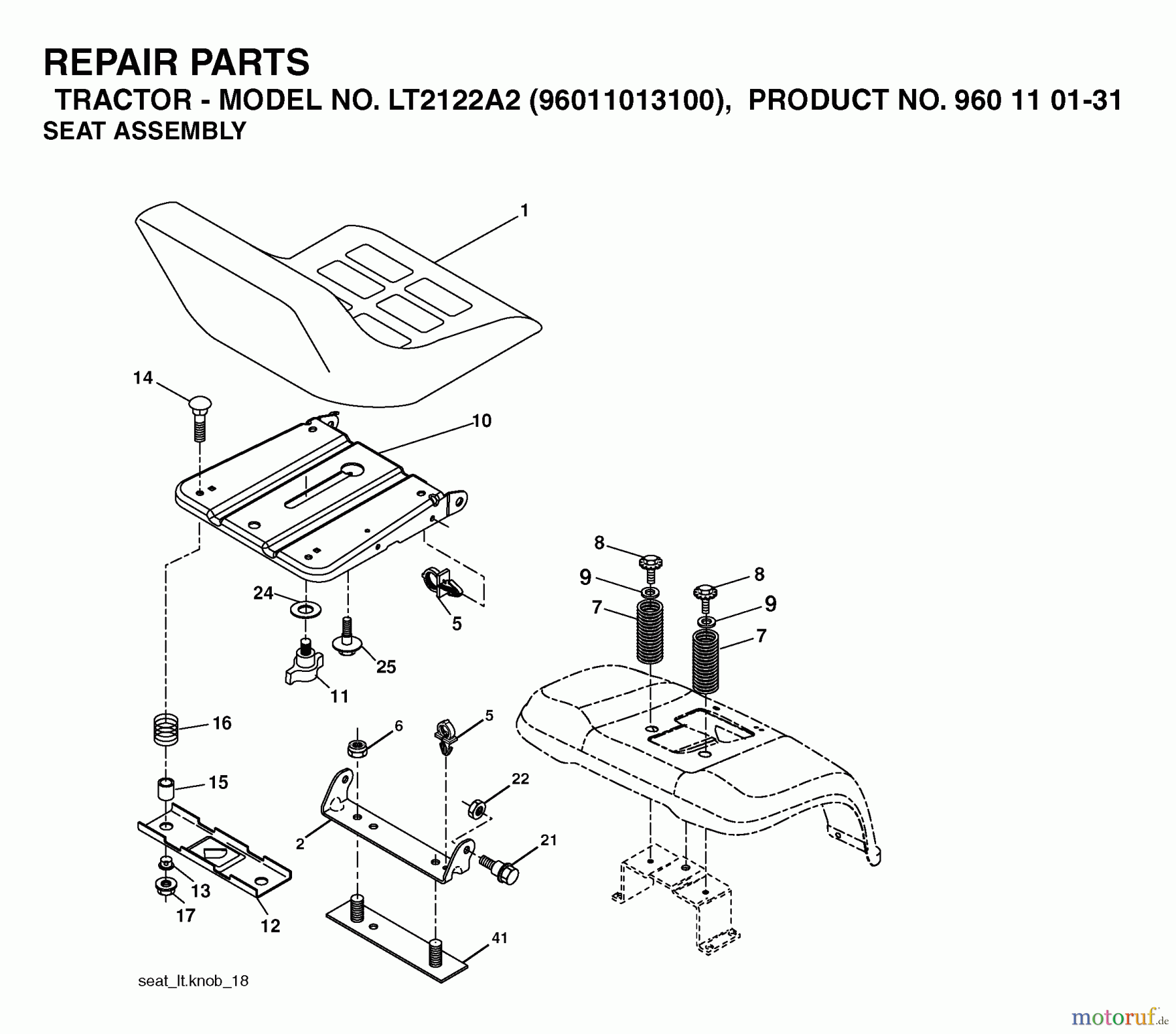  Jonsered Rasen  und Garten Traktoren LT2122 A2 (96011013100) - Jonsered Lawn & Garden Tractor (2006-04) SEAT