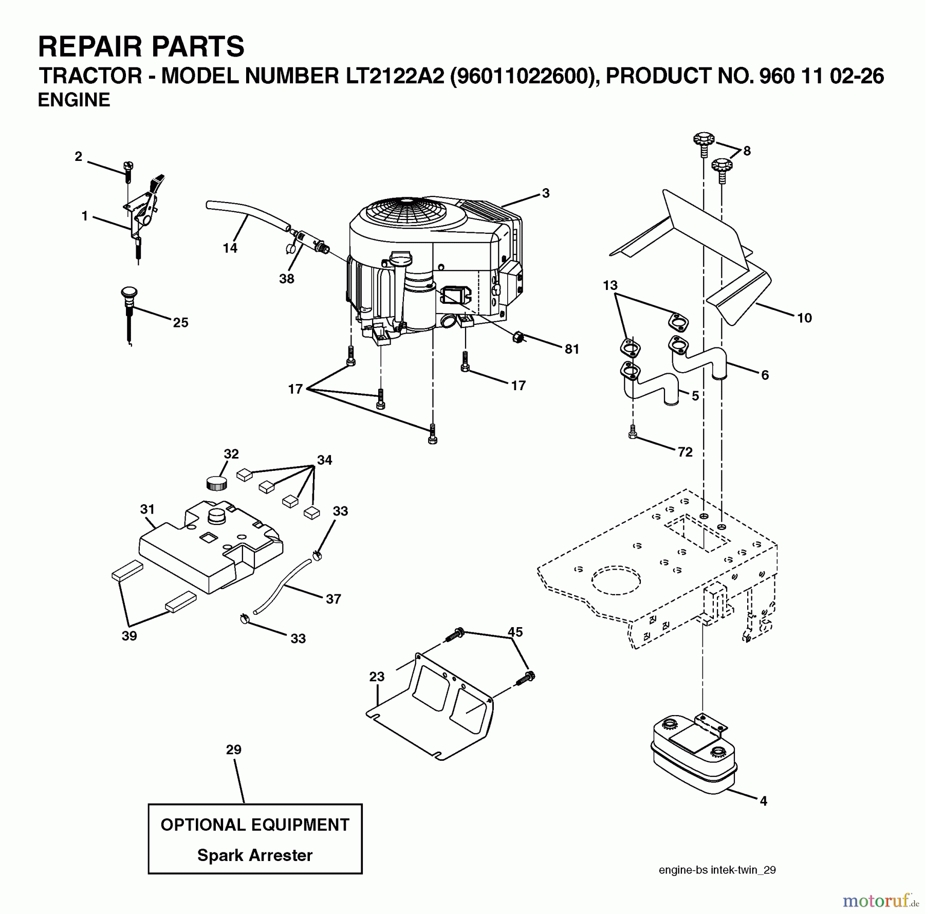 Jonsered Rasen und Garten Traktoren LT2122 A2 (96011022600) - Jonsered Lawn & Garden Tractor (2006-03) ENGINE CUTTING EQUIPMENT