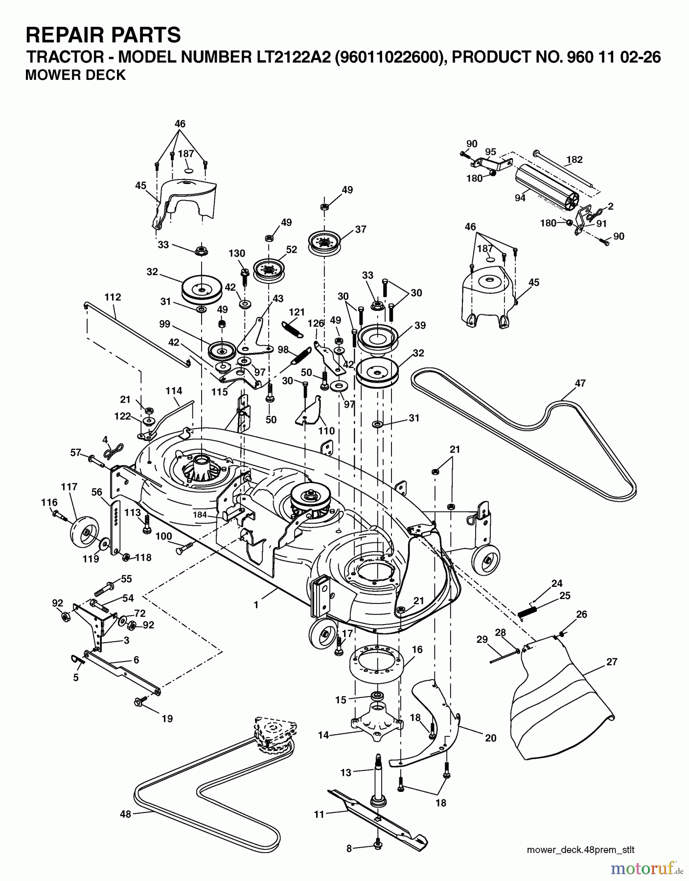 Jonsered Rasen und Garten Traktoren LT2122 A2 (96011022600) - Jonsered Lawn & Garden Tractor (2006-03) MOWER DECK / CUTTING DECK