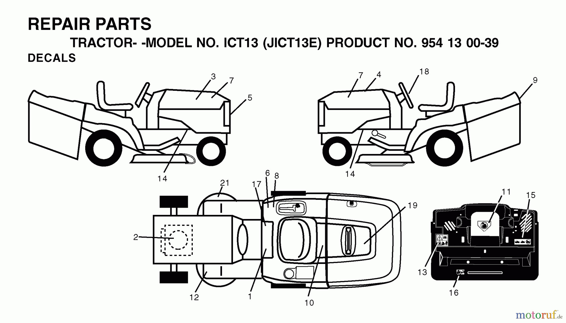  Jonsered Rasen  und Garten Traktoren ICT13 (JICT13E, 954130039) - Jonsered Lawn & Garden Tractor (2001-09) DECALS