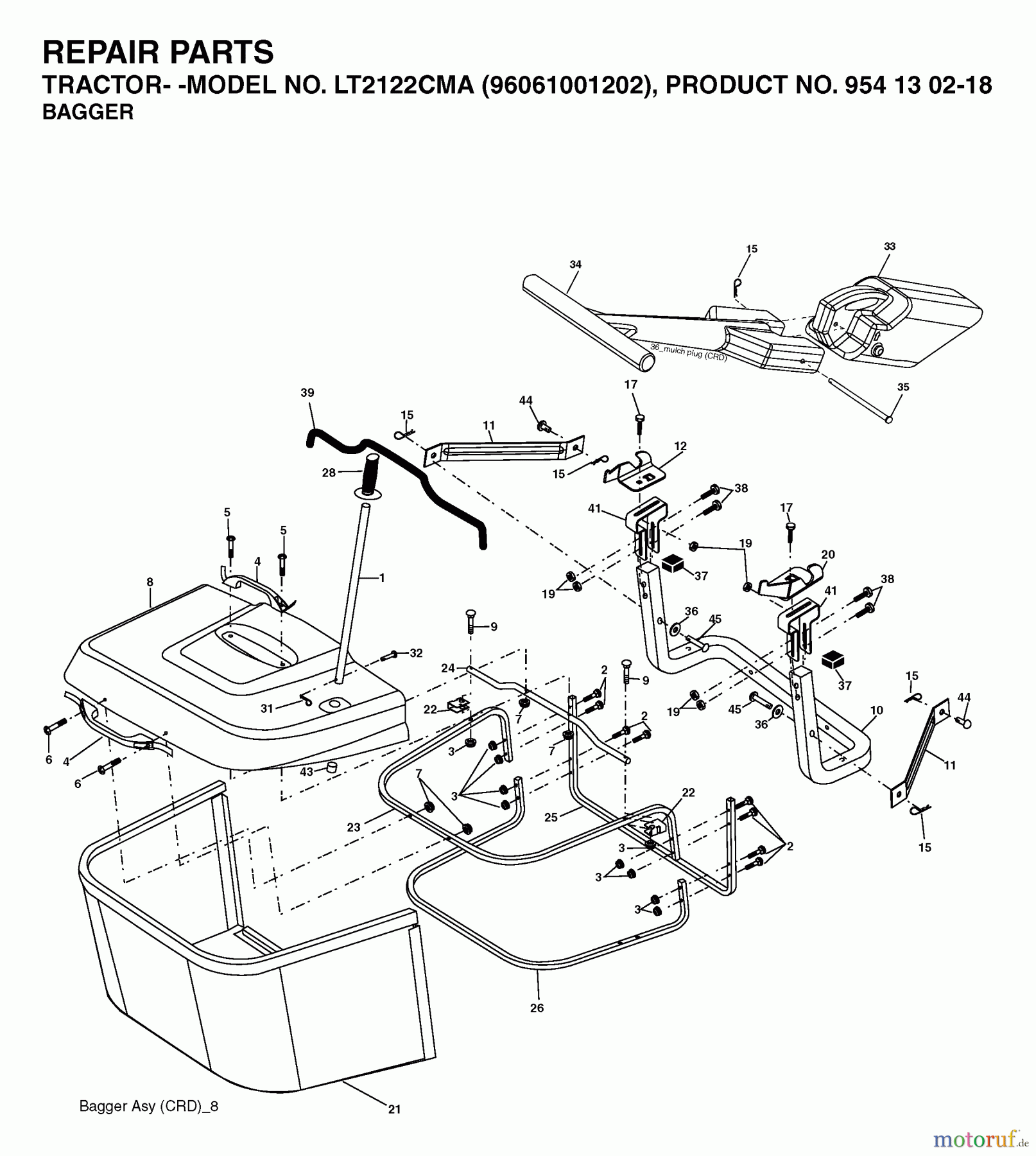  Jonsered Rasen  und Garten Traktoren LT2122 CMA (96061001202) - Jonsered Lawn & Garden Tractor (2005-05) BAGGER