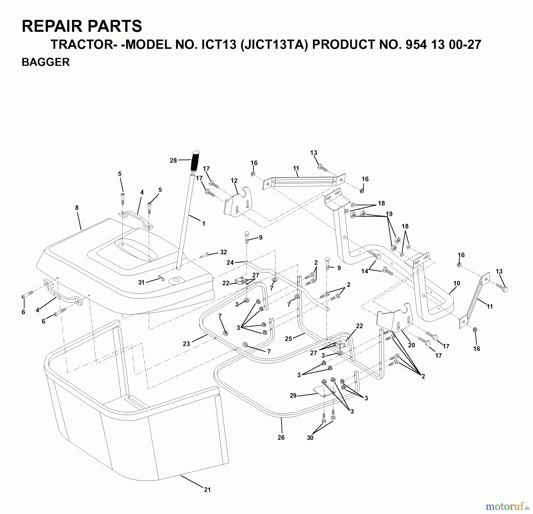 Jonsered Rasen und Garten Traktoren ICT13 (JICT13TA, 954130027) - Jonsered Lawn & Garden Tractor (1999-03) BAGGER