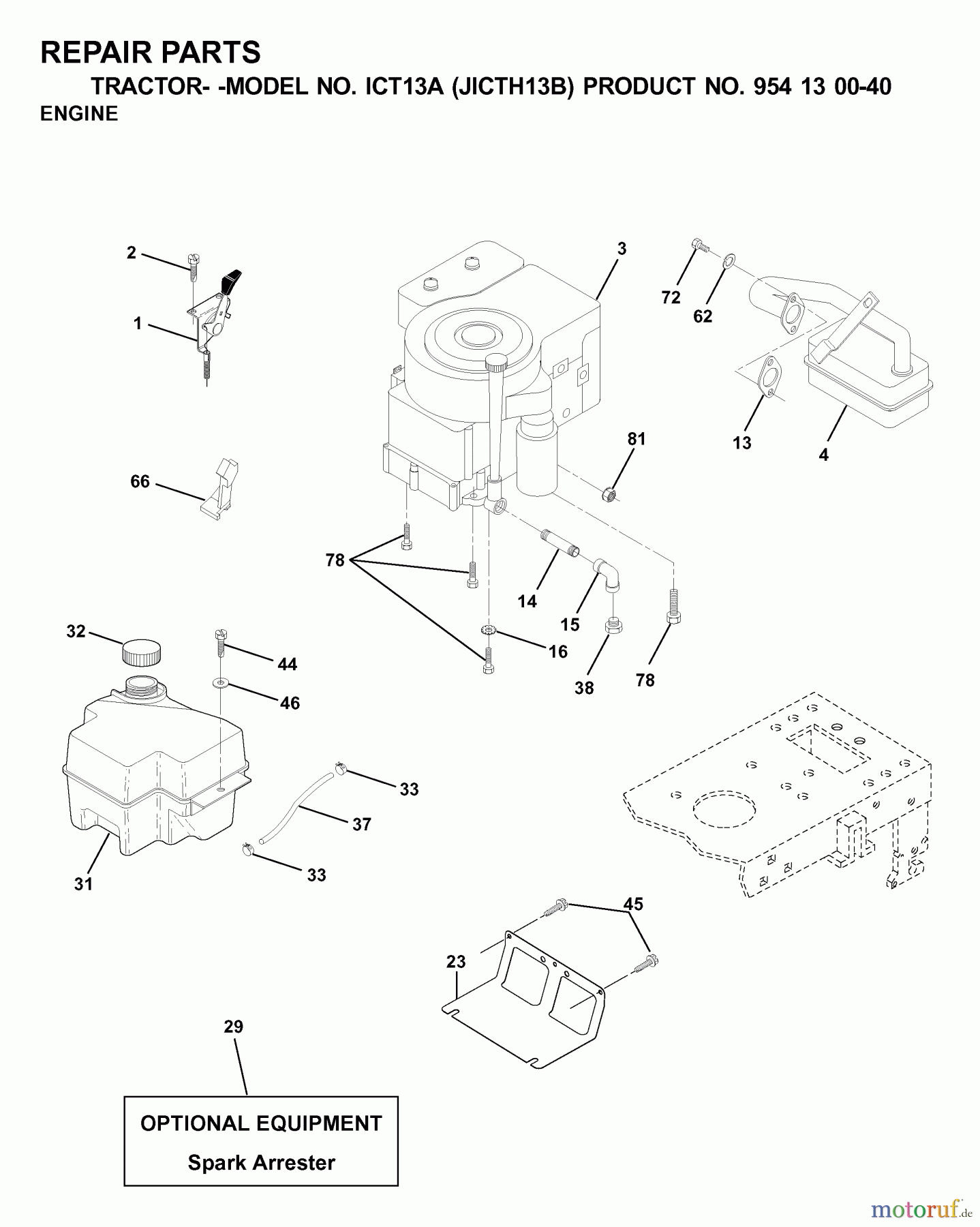 Jonsered Rasen und Garten Traktoren ICT13A (JICTH13B, 954130040) - Jonsered Lawn & Garden Tractor (2000-04) ENGINE CUTTING EQUIPMENT
