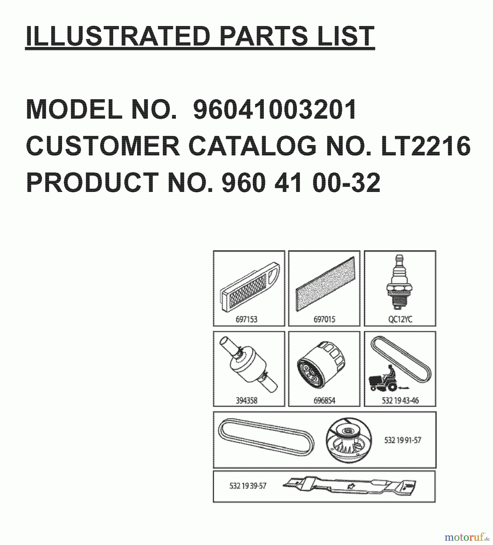 Jonsered Rasen und Garten Traktoren LT2216 (96041003201) - Jonsered Lawn & Garden Tractor (2007-02) FREQUENTLY USED PARTS