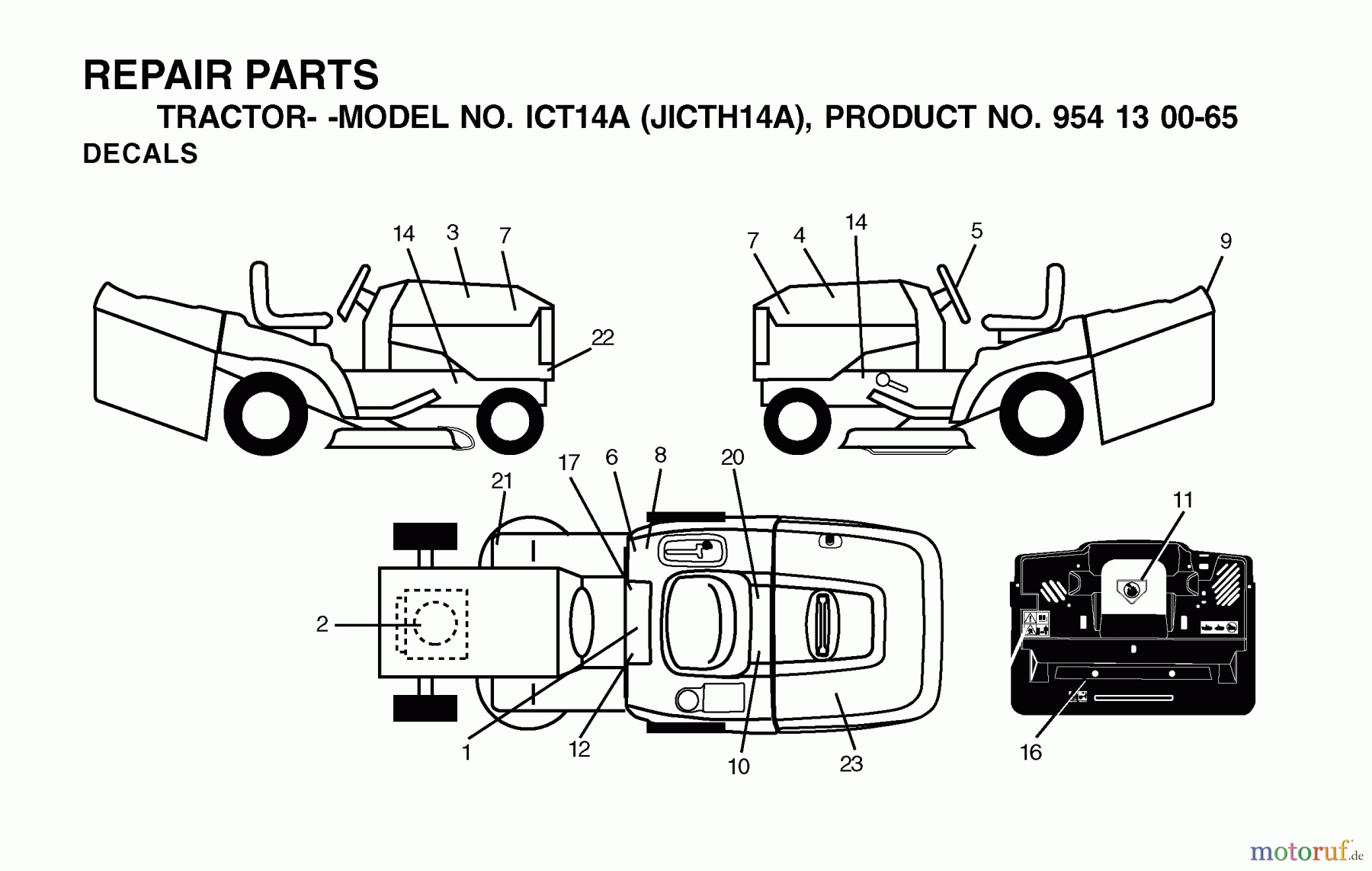 Jonsered Rasen und Garten Traktoren ICT14A (JICTH14A, 954130065) - Jonsered Lawn & Garden Tractor (2002-02) DECALS