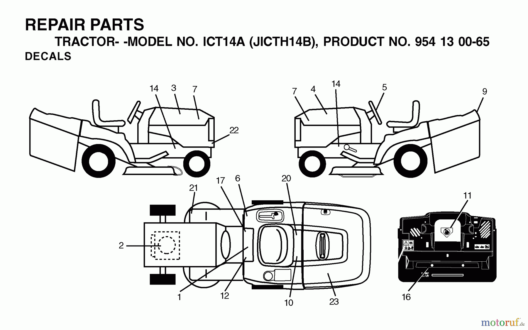 Jonsered Rasen und Garten Traktoren ICT14A (JICTH14B, 954130065) - Jonsered Lawn & Garden Tractor (2002-02) DECALS