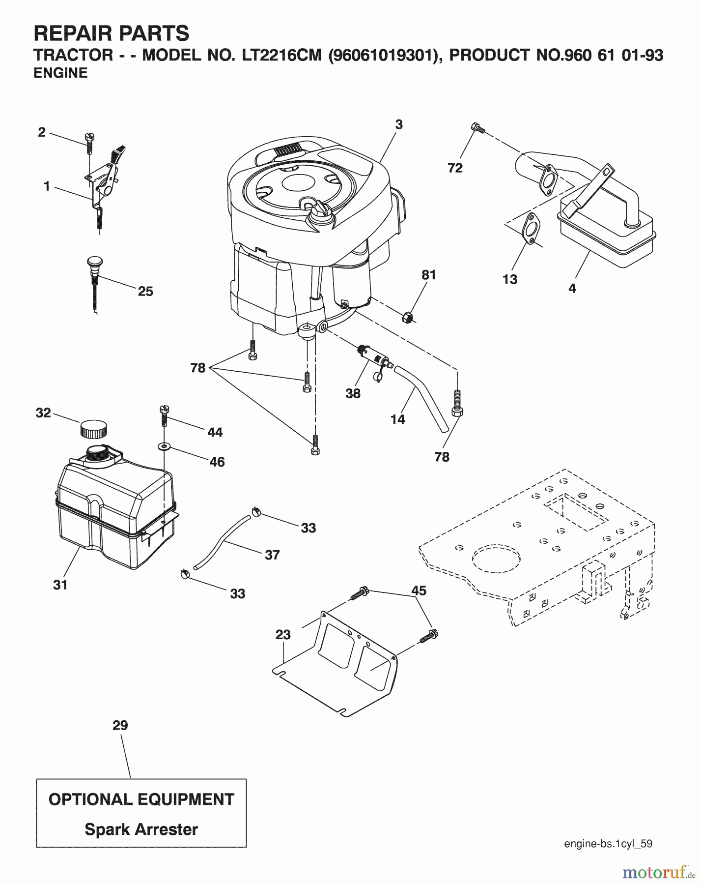 Jonsered Rasen und Garten Traktoren LT2216 CM (96061019301) - Jonsered Lawn & Garden Tractor (2007-04) ENGINE