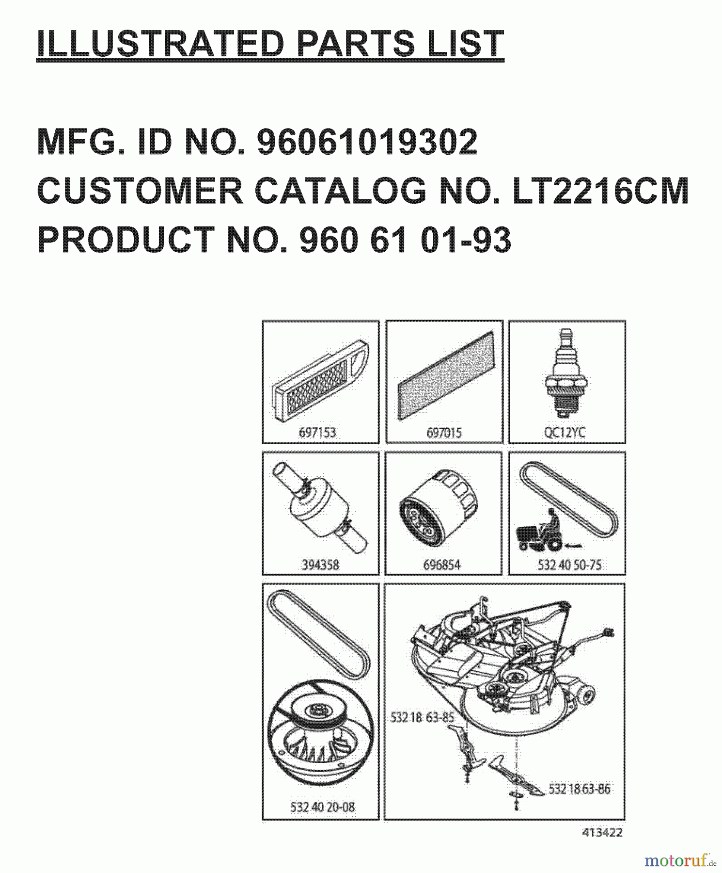 Jonsered Rasen und Garten Traktoren LT2216 CM (96061019302) - Jonsered Lawn & Garden Tractor (2007-11) FREQUENTLY USED PARTS