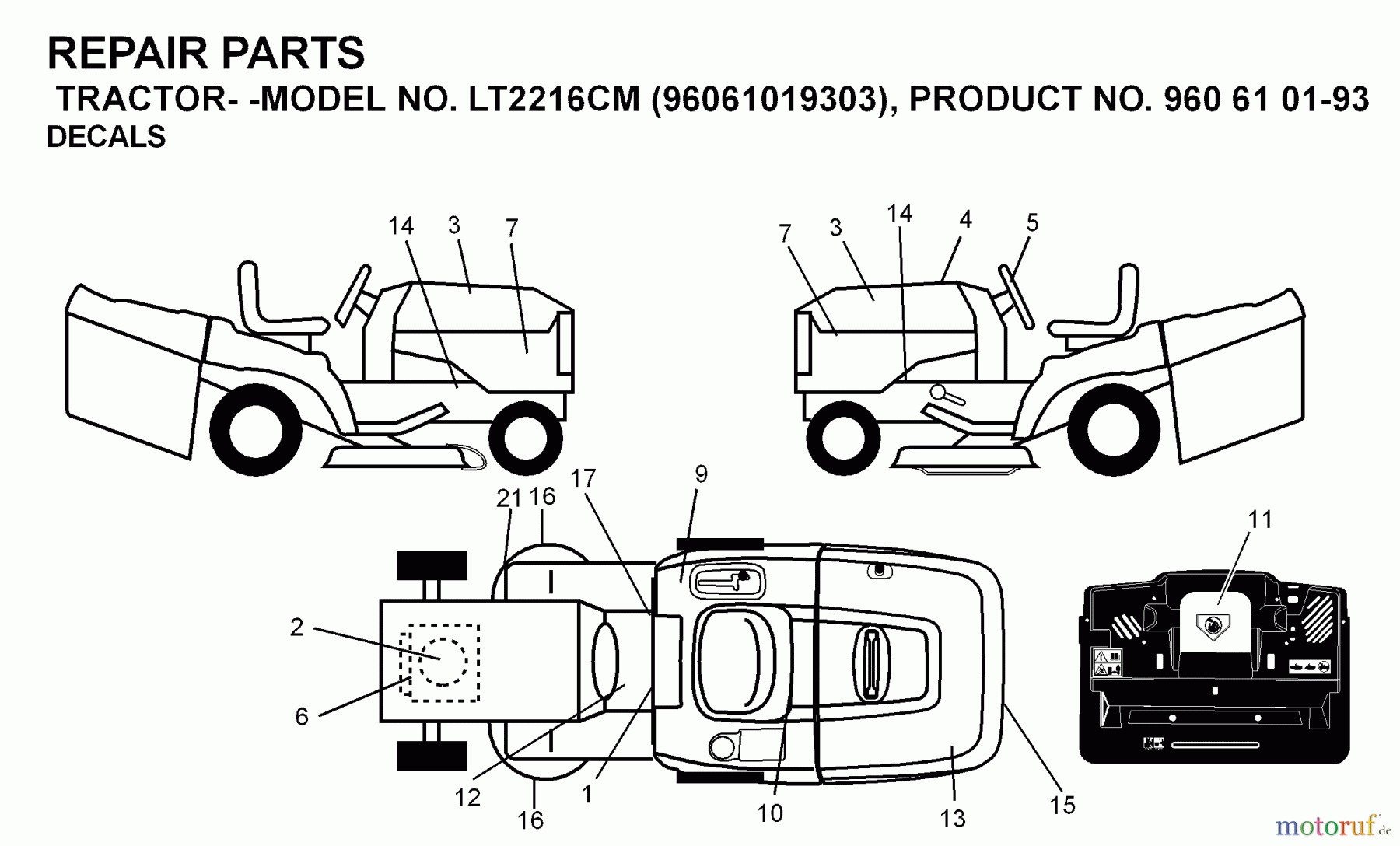 Jonsered Rasen und Garten Traktoren LT2216 CM (96061019303) - Jonsered Lawn & Garden Tractor (2007-09) DECALS