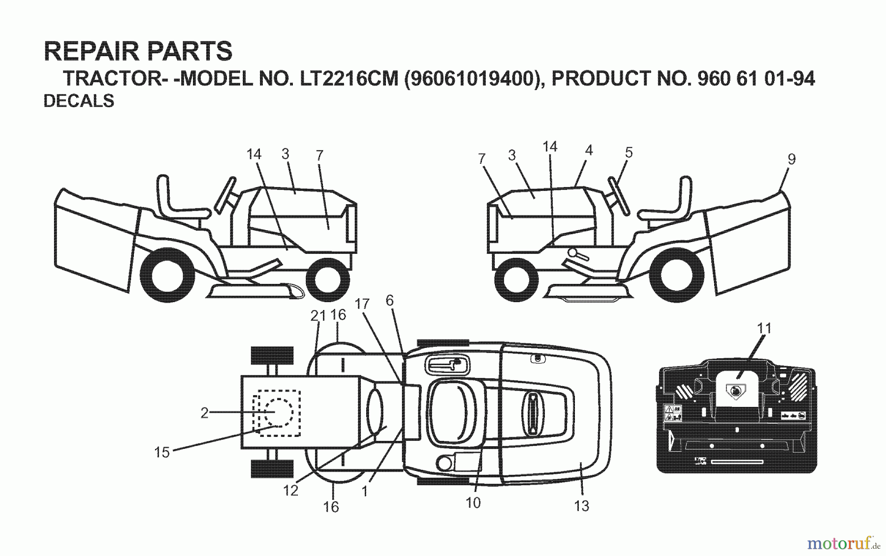 Jonsered Rasen und Garten Traktoren LT2216 CM (96061019400) - Jonsered Lawn & Garden Tractor (2007-02) DECALS