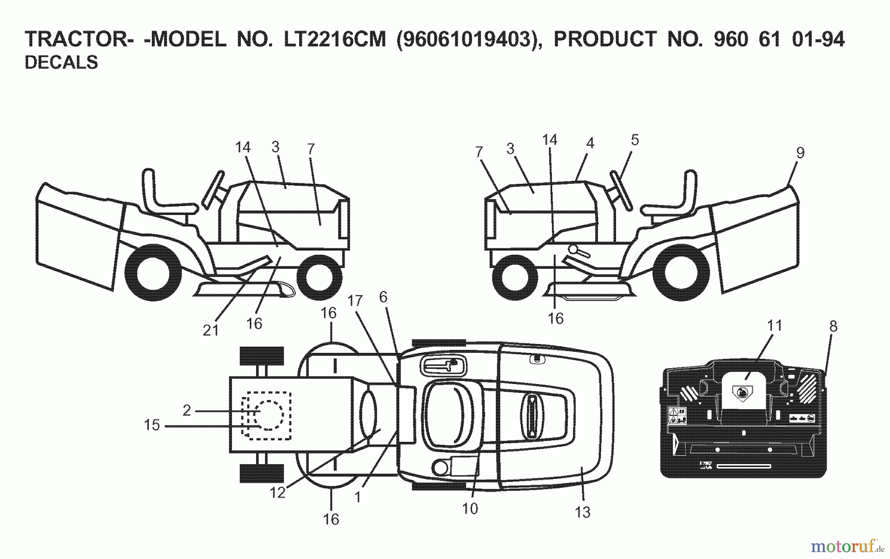 Jonsered Rasen und Garten Traktoren LT2216 CM (96061019403) - Jonsered Lawn & Garden Tractor (2007-09) DECALS