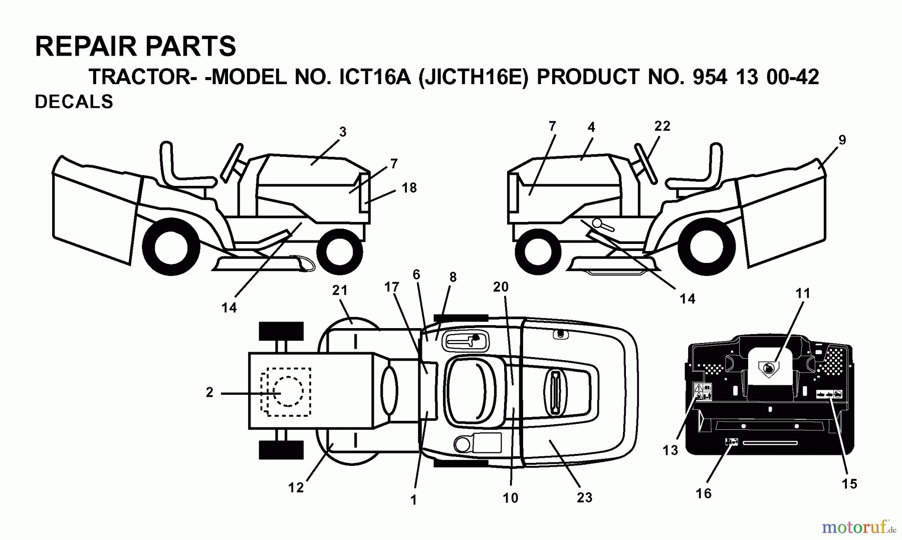  Jonsered Rasen  und Garten Traktoren ICT16A (JICTH16E, 954130042) - Jonsered Lawn & Garden Tractor (2000-04) DECALS