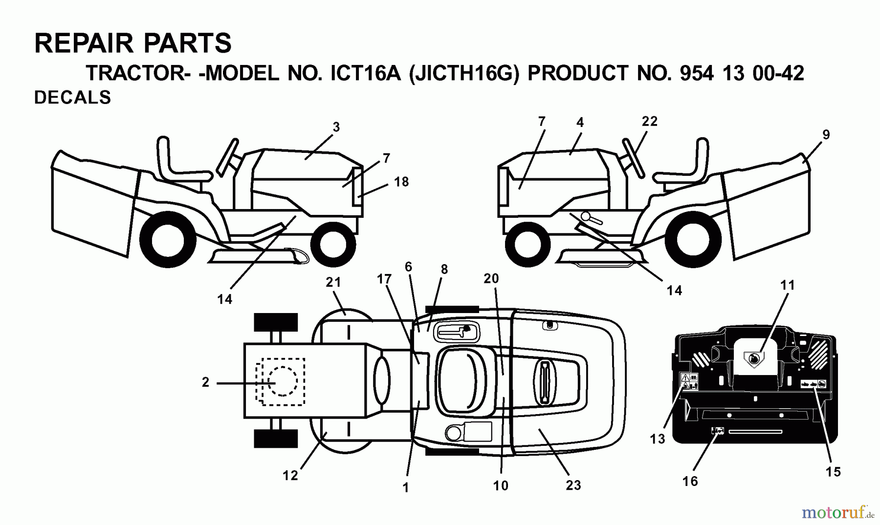Jonsered Rasen und Garten Traktoren ICT16A (JICTH16G, 954130042) - Jonsered Lawn & Garden Tractor (2001-02) DECALS