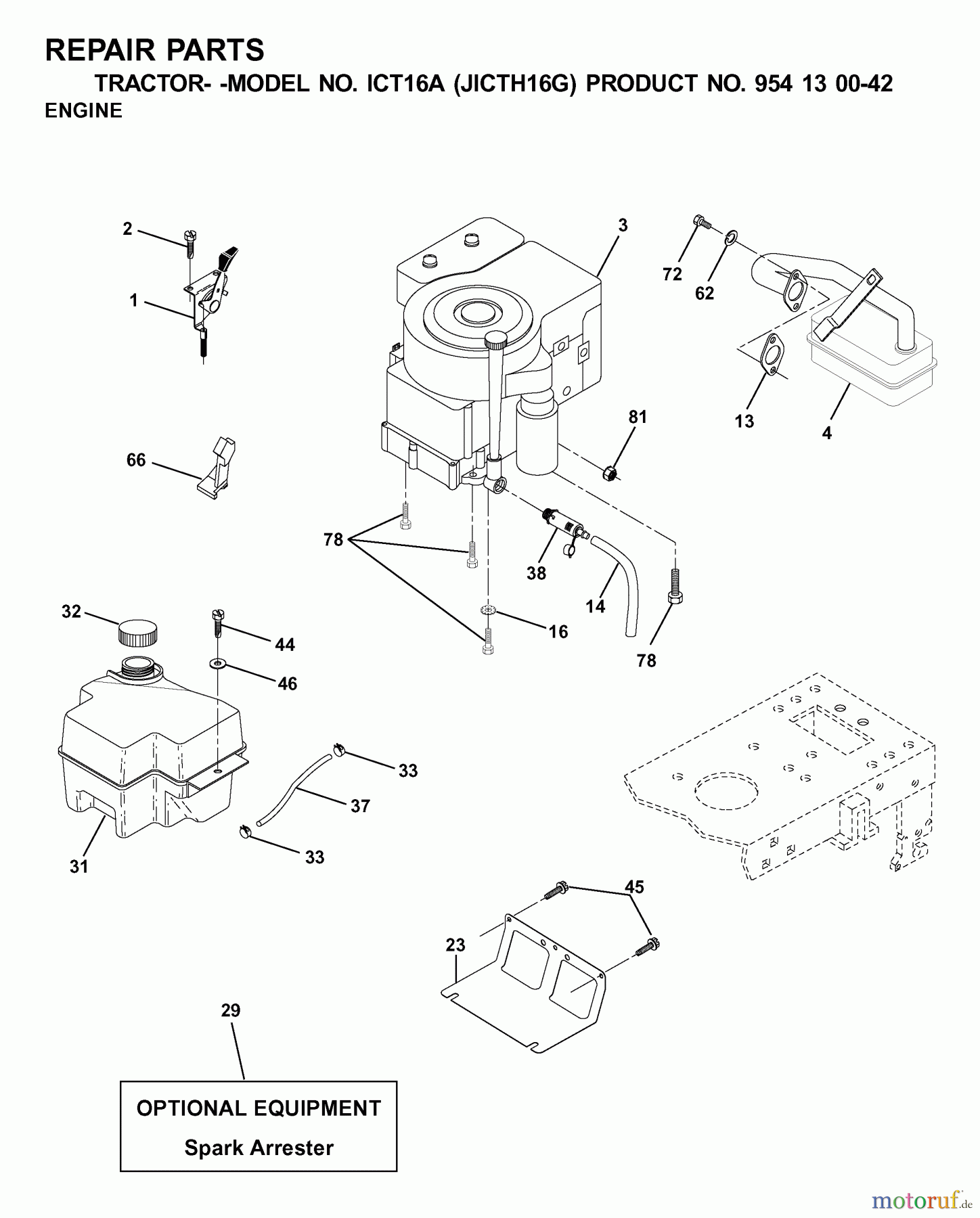 Jonsered Rasen und Garten Traktoren ICT16A (JICTH16G, 954130042) - Jonsered Lawn & Garden Tractor (2001-02) ENGINE CUTTING EQUIPMENT
