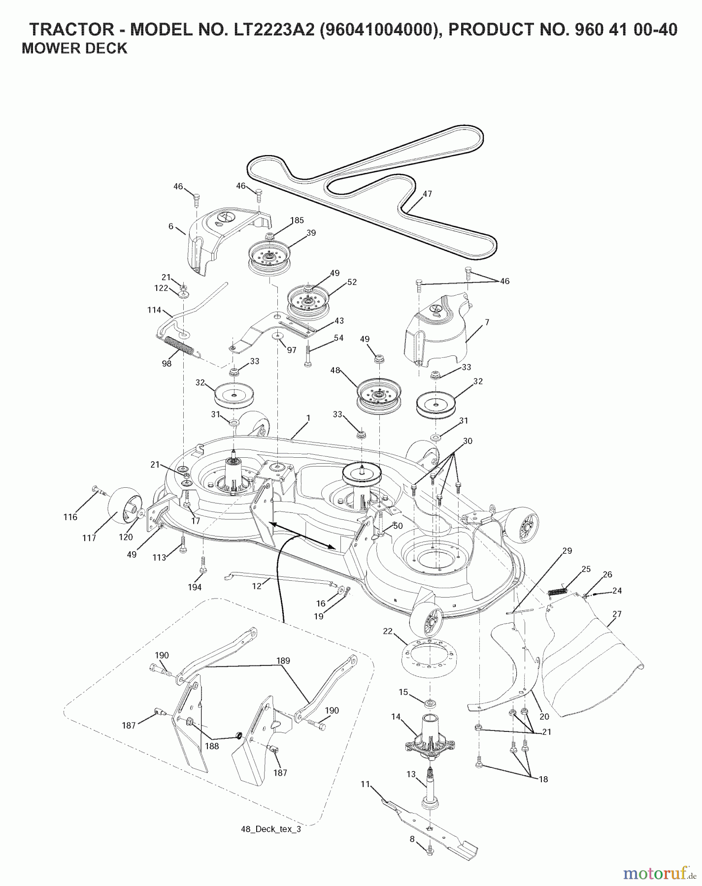 Jonsered Rasen und Garten Traktoren LT2223 A2 (960410040, 96041004000) - Jonsered Lawn & Garden Tractor (2007-07) MOWER DECK / CUTTING DECK