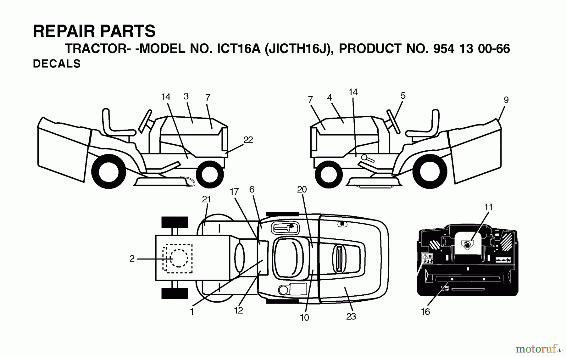 Jonsered Rasen und Garten Traktoren ICT16A (JICTH16J, 954130066) - Jonsered Lawn & Garden Tractor (2002-06) DECALS