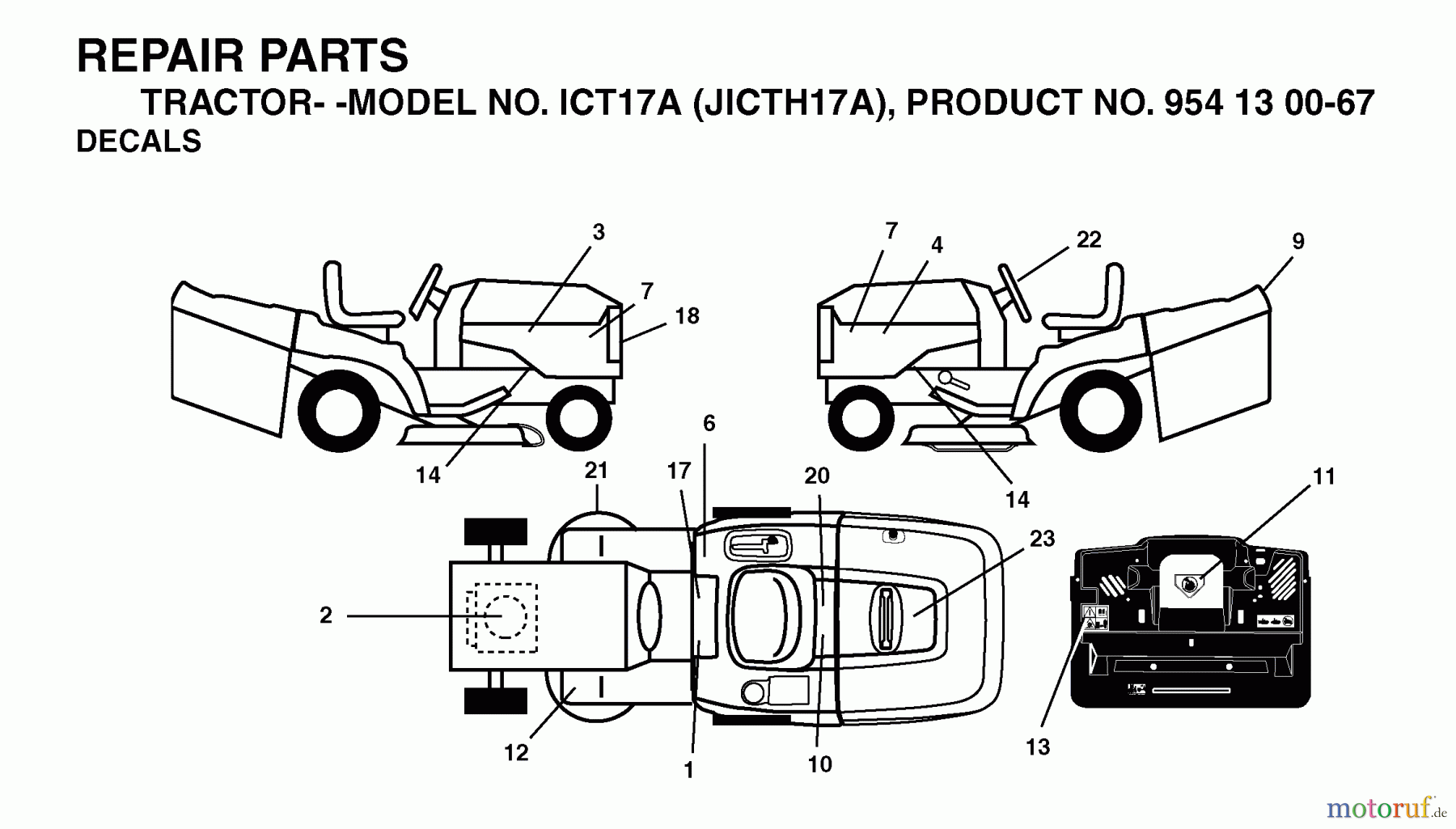 Jonsered Rasen und Garten Traktoren ICT17A (JICTH17A, 954130067) - Jonsered Lawn & Garden Tractor (2002-02) DECALS