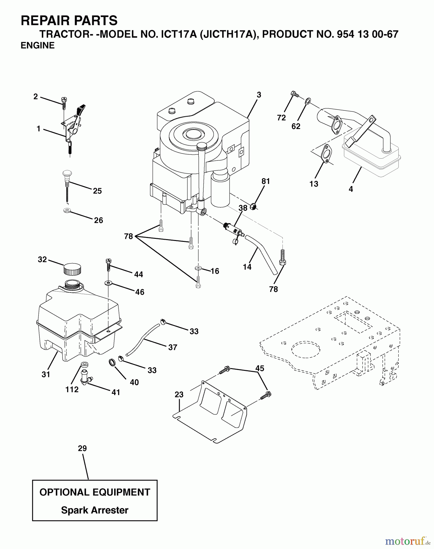 Jonsered Rasen  und Garten Traktoren ICT17A (JICTH17A, 954130067) - Jonsered Lawn & Garden Tractor (2002-02) ENGINE