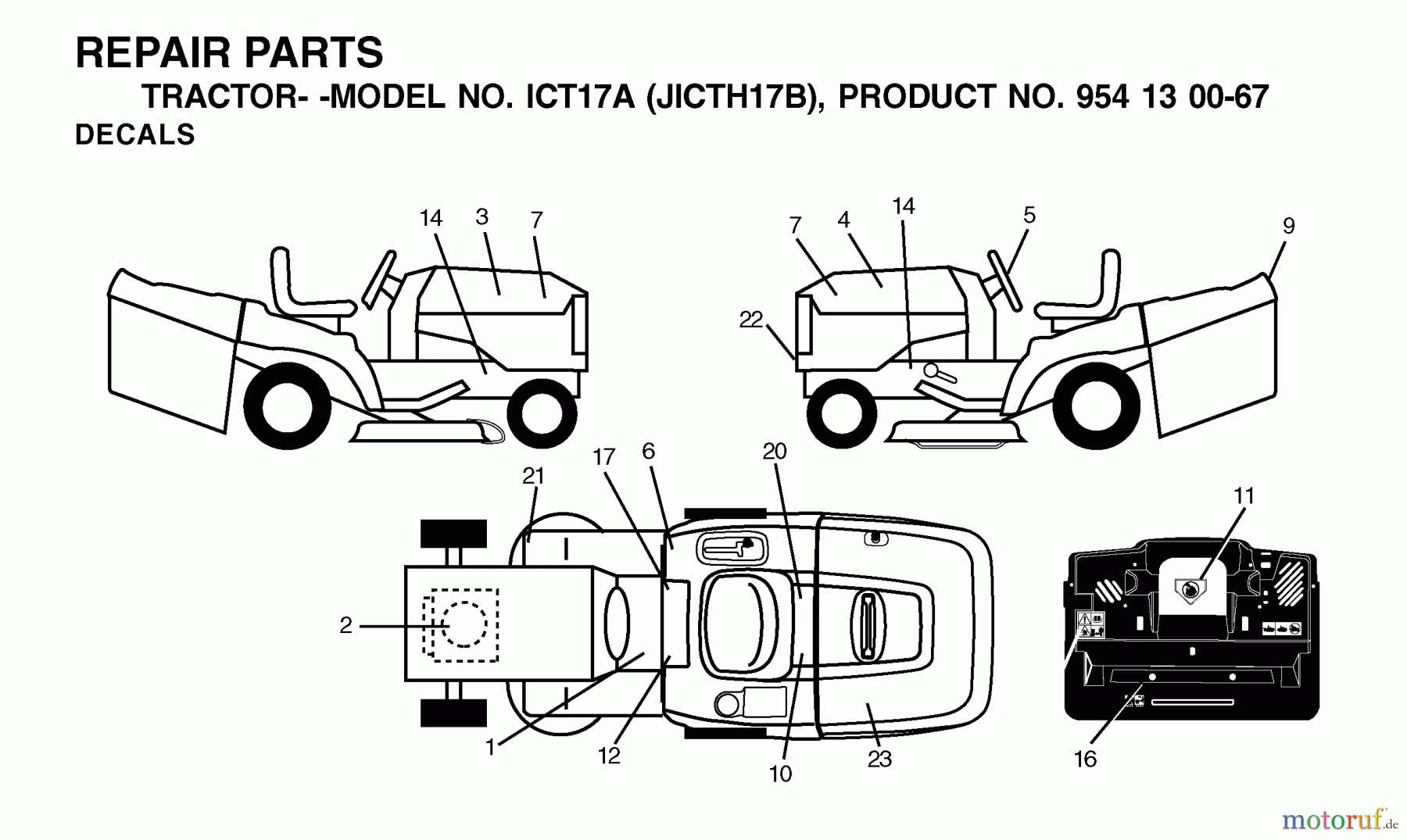 Jonsered Rasen und Garten Traktoren ICT17A (JICTH17B, 954130067) - Jonsered Lawn & Garden Tractor (2002-06) DECALS