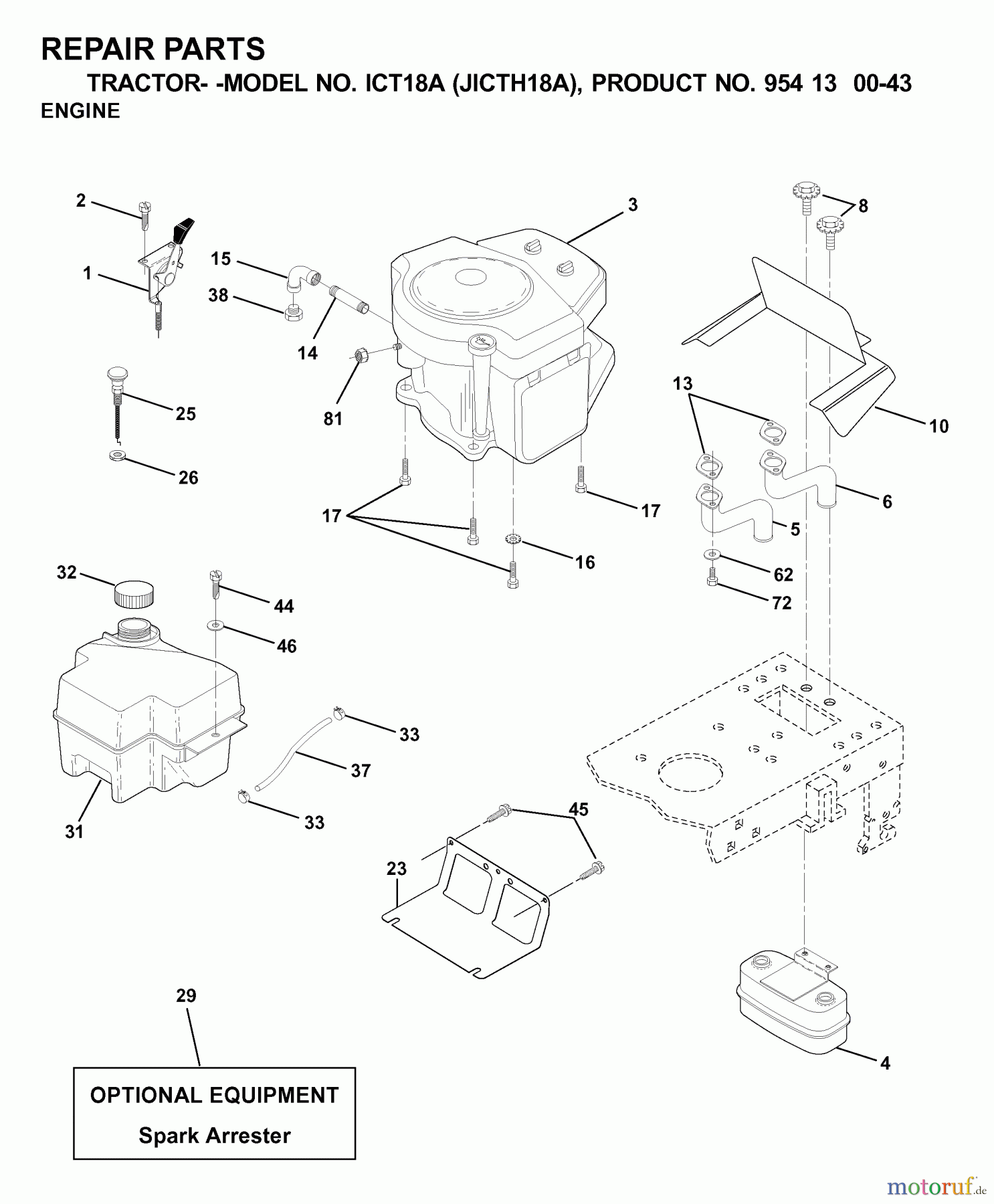 Jonsered Rasen und Garten Traktoren ICT18A (JICTH18A, 954130043) - Jonsered Lawn & Garden Tractor (2000-03) ENGINE CUTTING EQUIPMENT