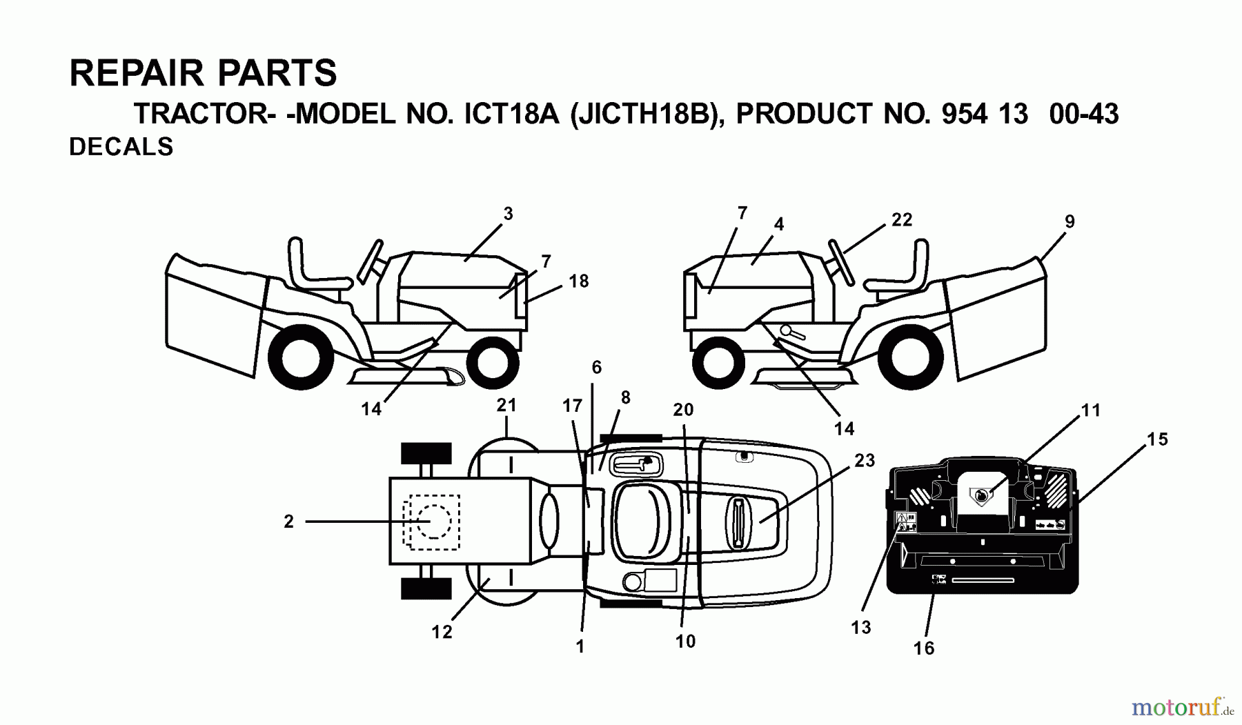  Jonsered Rasen  und Garten Traktoren ICT18A (JICTH18B, 954130043) - Jonsered Lawn & Garden Tractor (2001-02) DECALS