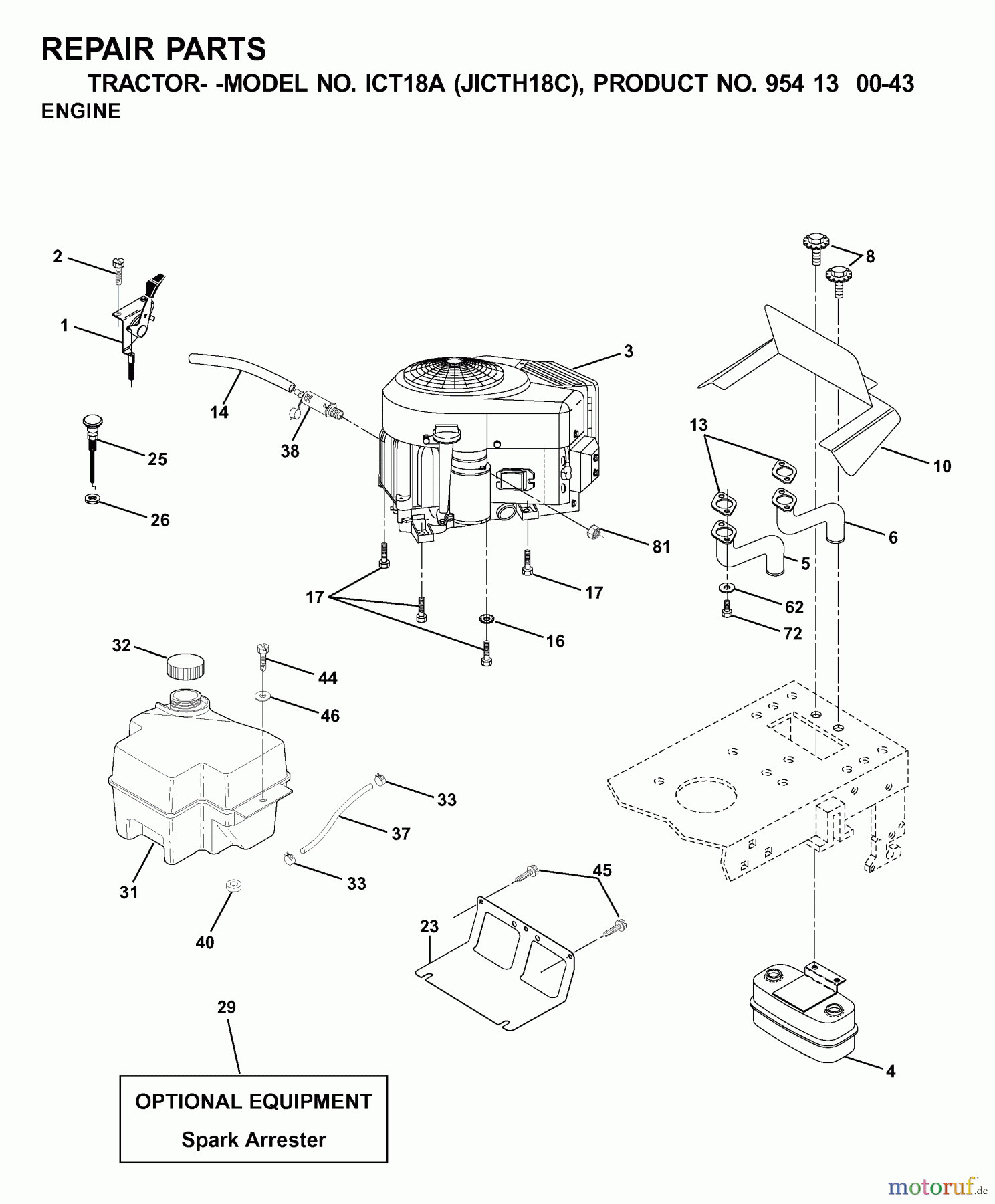  Jonsered Rasen  und Garten Traktoren ICT18A (JICTH18C, 954130043) - Jonsered Lawn & Garden Tractor (2001-02) ENGINE CUTTING EQUIPMENT