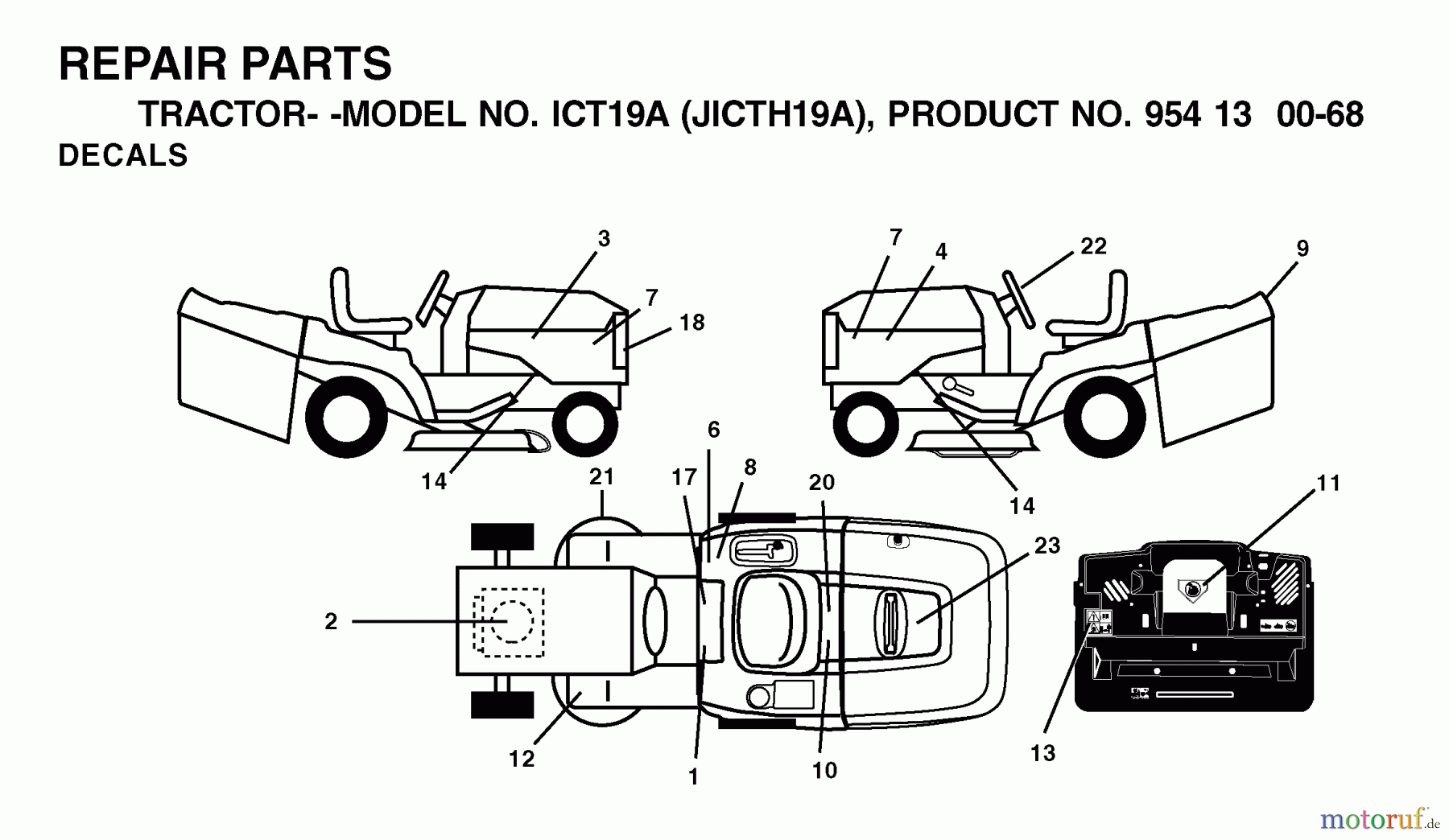 Jonsered Rasen und Garten Traktoren ICT19A (JICTH19A, 954130068) - Jonsered Lawn & Garden Tractor (2002-02) DECALS