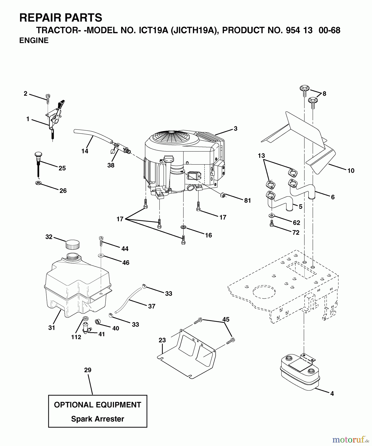 Jonsered Rasen und Garten Traktoren ICT19A (JICTH19A, 954130068) - Jonsered Lawn & Garden Tractor (2002-02) ENGINE