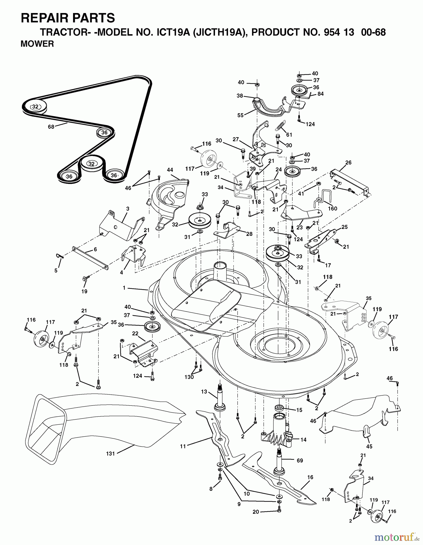 Jonsered Rasen und Garten Traktoren ICT19A (JICTH19A, 954130068) - Jonsered Lawn & Garden Tractor (2002-02) MOWER DECK / CUTTING DECK