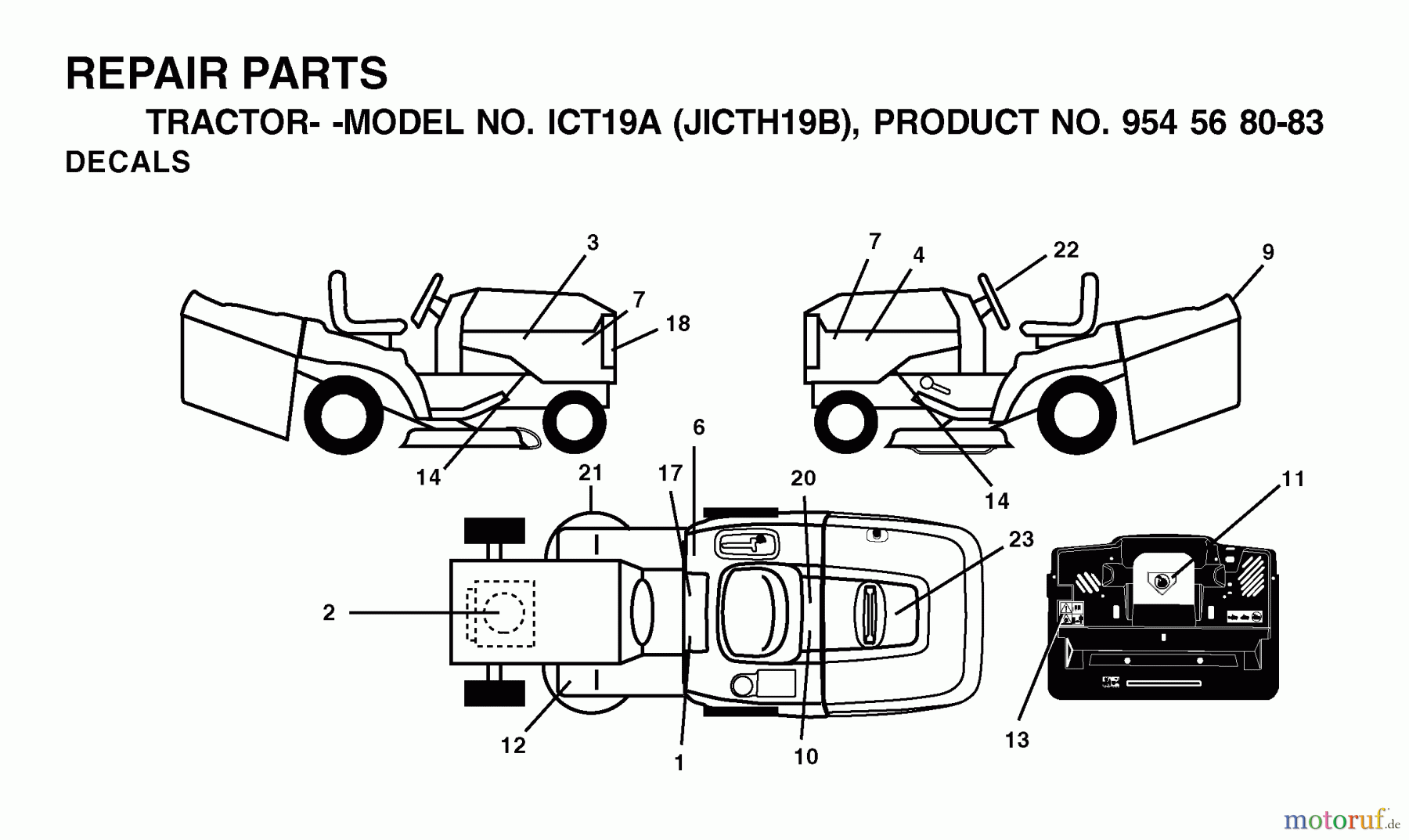 Jonsered Rasen und Garten Traktoren ICT19A (JICTH19B, 954568083) - Jonsered Lawn & Garden Tractor (2002-03) DECALS
