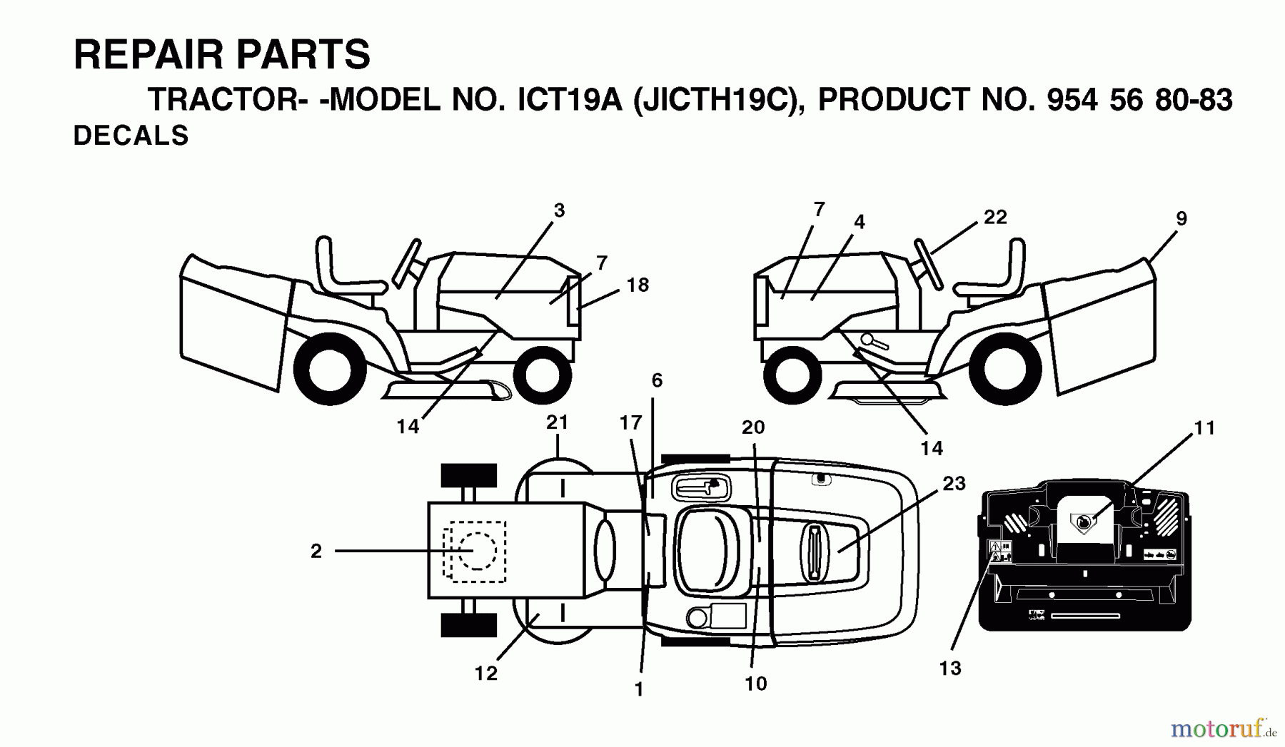 Jonsered Rasen und Garten Traktoren ICT19A (JICTH19C, 954568083) - Jonsered Lawn & Garden Tractor (2002-06) DECALS