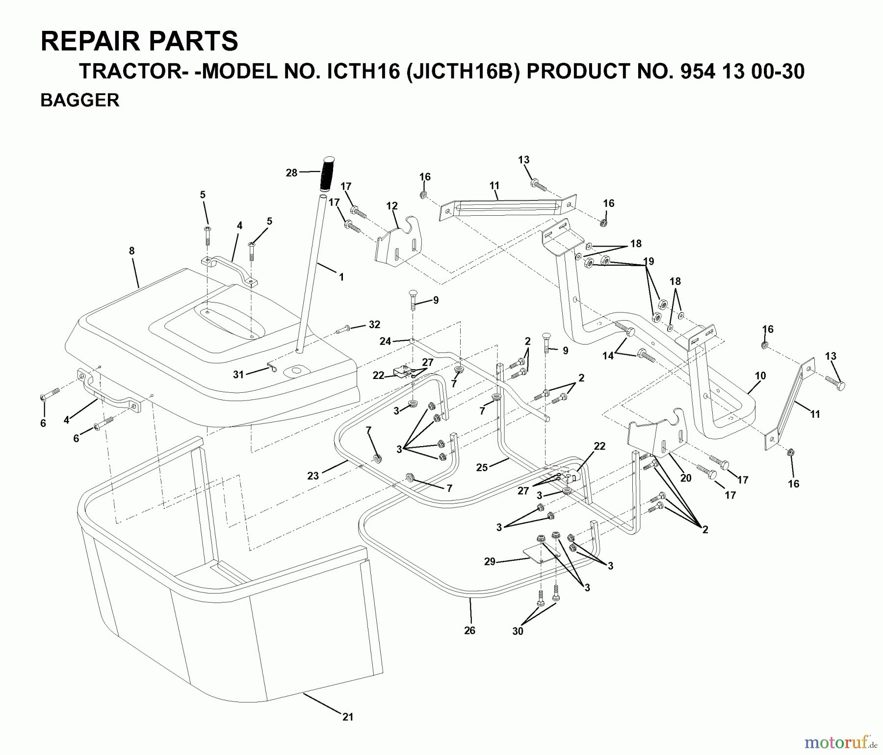 Jonsered Rasen  und Garten Traktoren ICTH16 (JICTH16B, 954130030) - Jonsered Lawn & Garden Tractor (1999-03) BAGGER