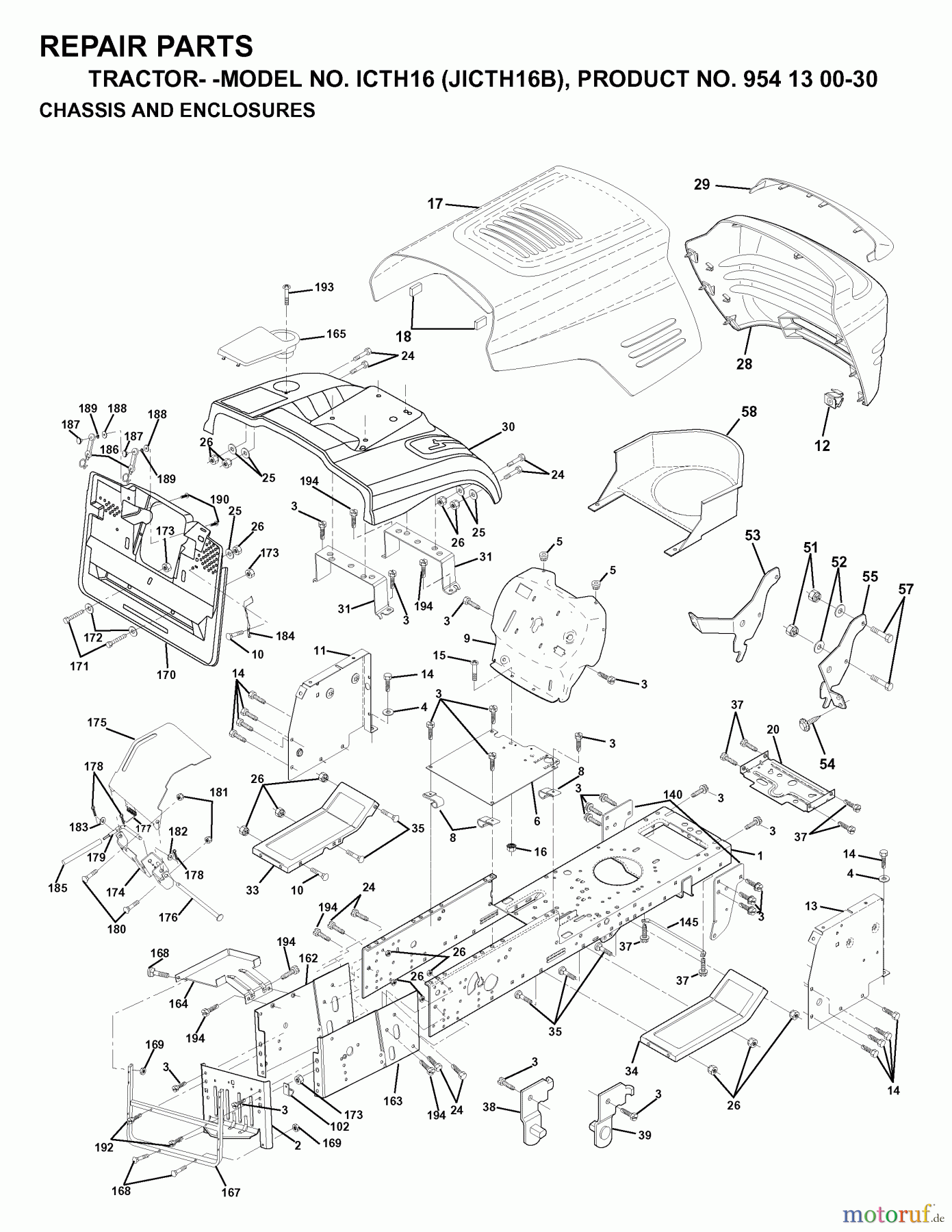 Jonsered Rasen und Garten Traktoren ICTH16 (JICTH16B, 954130030) - Jonsered Lawn & Garden Tractor (1999-03) CHASSIS ENCLOSURES