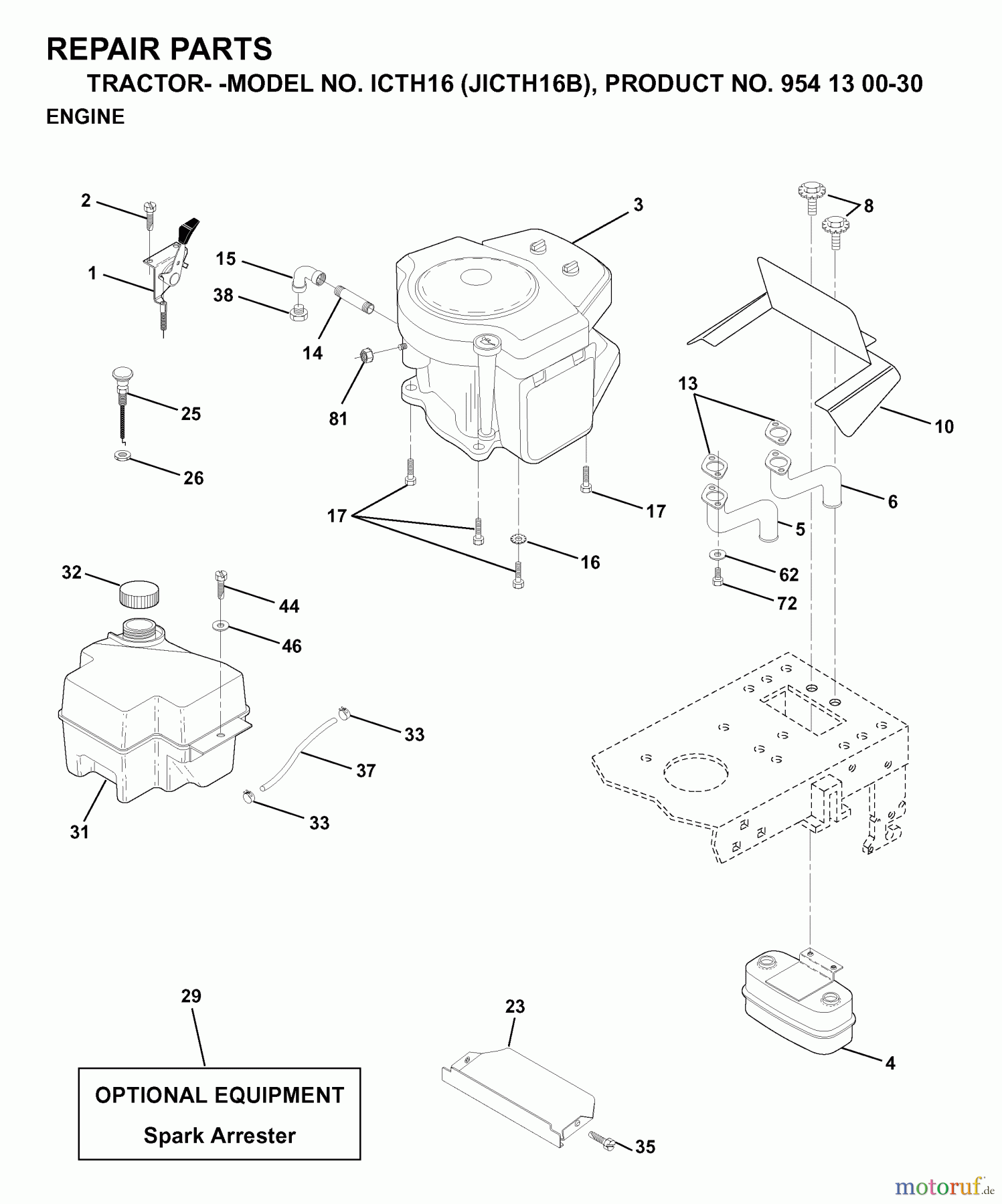 Jonsered Rasen  und Garten Traktoren ICTH16 (JICTH16B, 954130030) - Jonsered Lawn & Garden Tractor (1999-03) ENGINE CUTTING EQUIPMENT