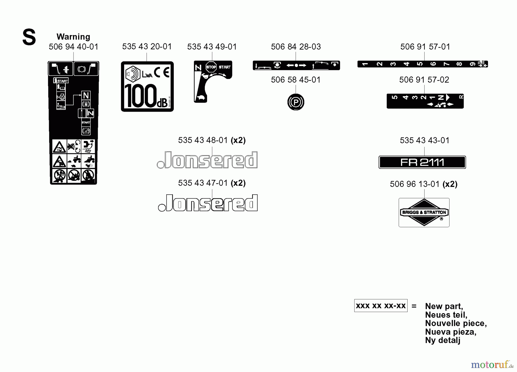  Jonsered Reitermäher FR2111 (953535101) - Jonsered Rear-Engine Riding Mower (2006-01) DECALS