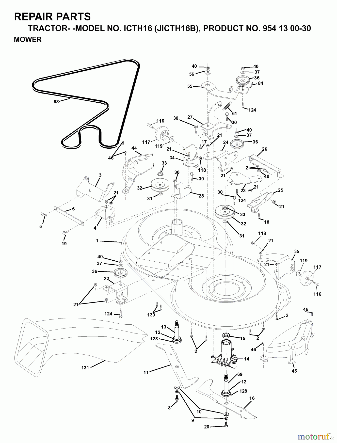 Jonsered Rasen und Garten Traktoren ICTH16 (JICTH16B, 954130030) - Jonsered Lawn & Garden Tractor (1999-03) MOWER DECK / CUTTING DECK