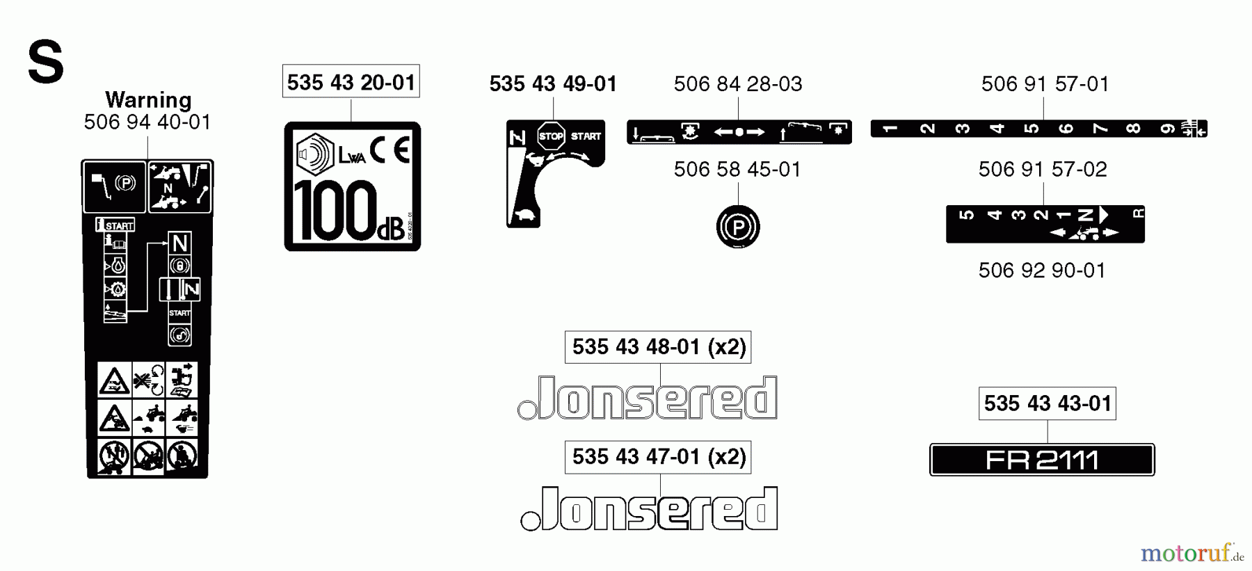 Jonsered Reitermäher FR2111 - Jonsered Rear-Engine Riding Mower (2002-03) DECALS