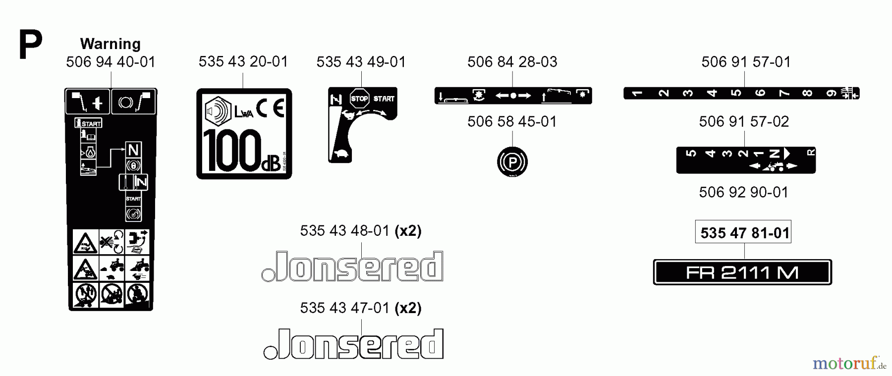 Jonsered Reitermäher FR2111 M (953535801) - Jonsered Rear-Engine Riding Mower (2005-03) DECALS
