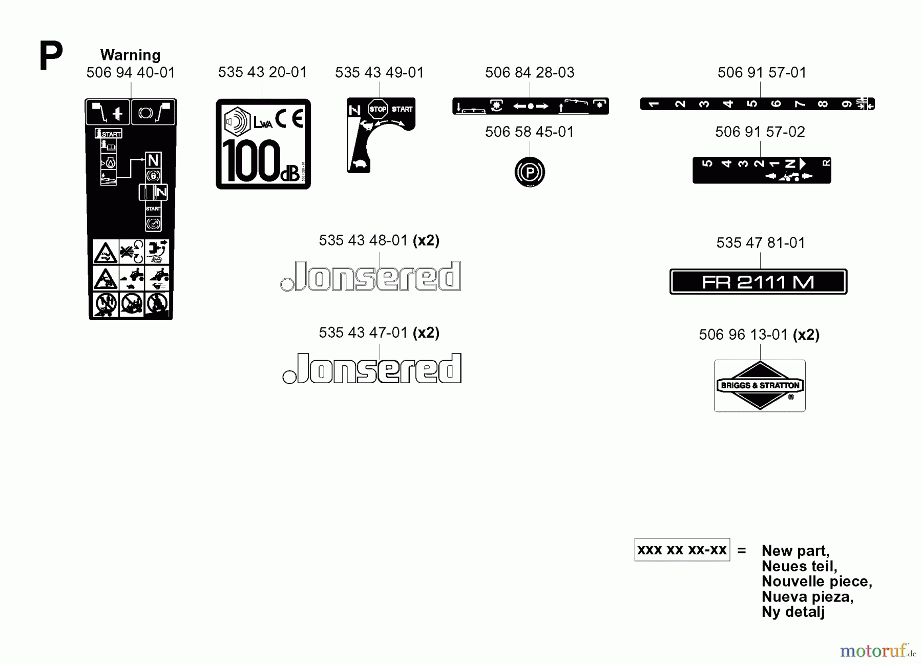 Jonsered Reitermäher FR2111 M (965077501) - Jonsered Rear-Engine Riding Mower (2006-01) DECALS