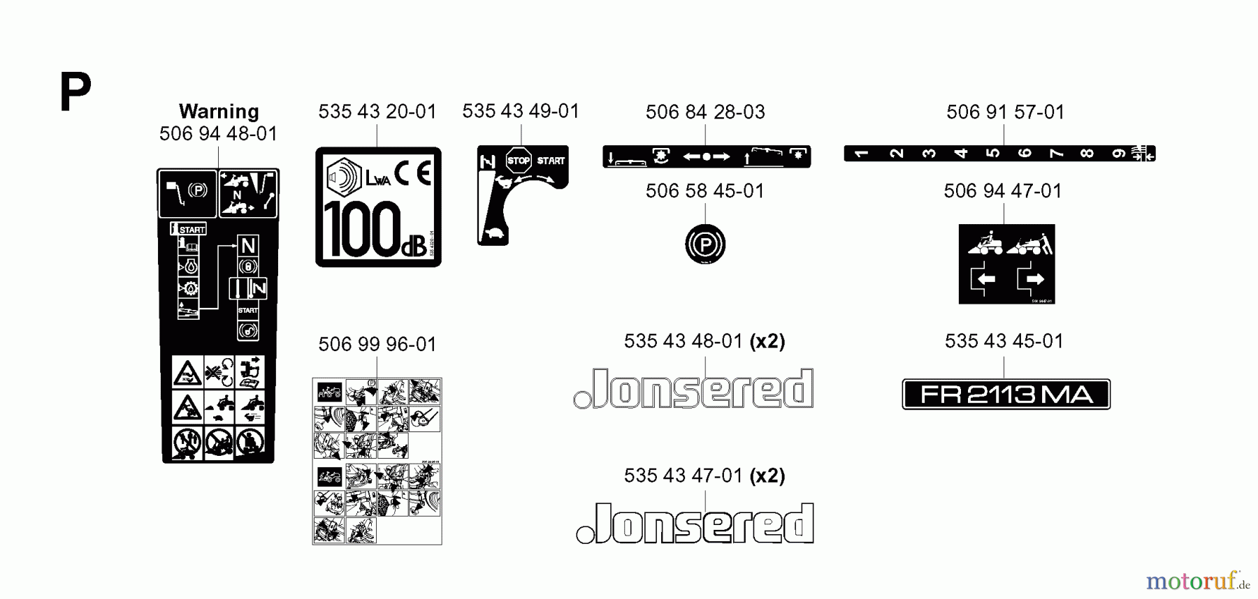  Jonsered Reitermäher FR2113 MA (953535301) - Jonsered Rear-Engine Riding Mower (2004-01) DECALS