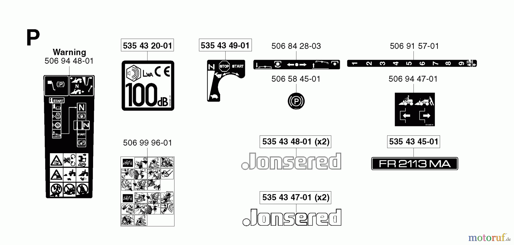 Jonsered Reitermäher FR2113 MA - Jonsered Rear-Engine Riding Mower (2002-03) DECALS