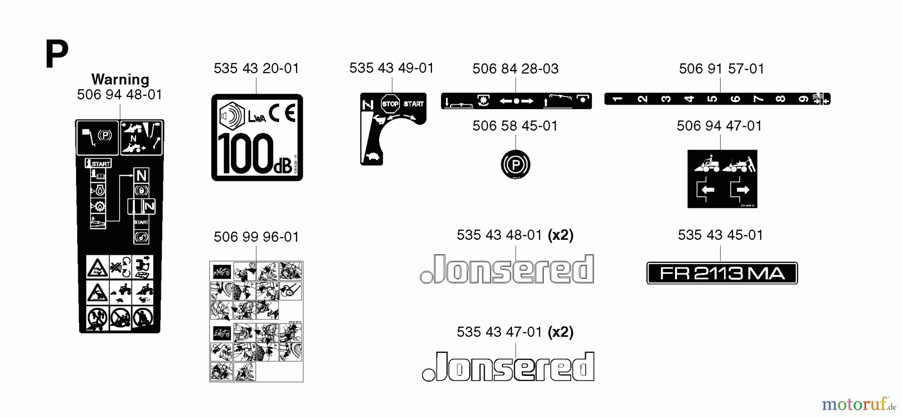  Jonsered Reitermäher FR2113 MA - Jonsered Rear-Engine Riding Mower (2003-01) DECALS