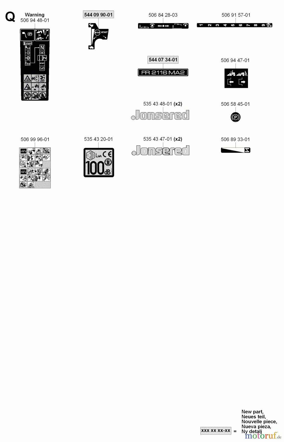 Jonsered Reitermäher FR2116 MA2 (965070101) - Jonsered Rear-Engine Riding Mower (2006-01) DECALS