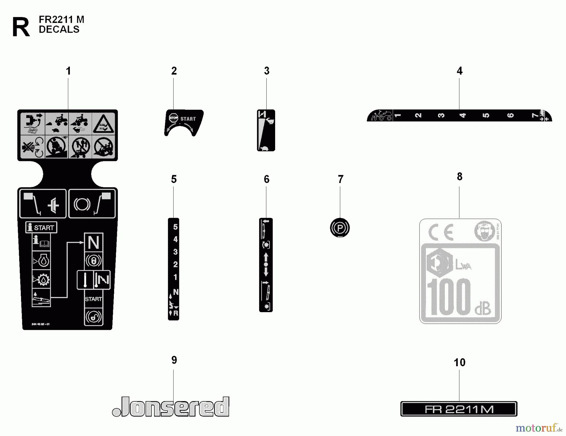 Jonsered Reitermäher FR2211 M (965190201) - Jonsered Rear-Engine Riding Mower (2009-04) DECALS